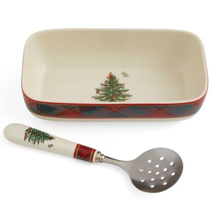 Front. Spode - Spode Christmas Tree Collection 8" x 4.25" Rectangle Server Tartan - Multicolored.