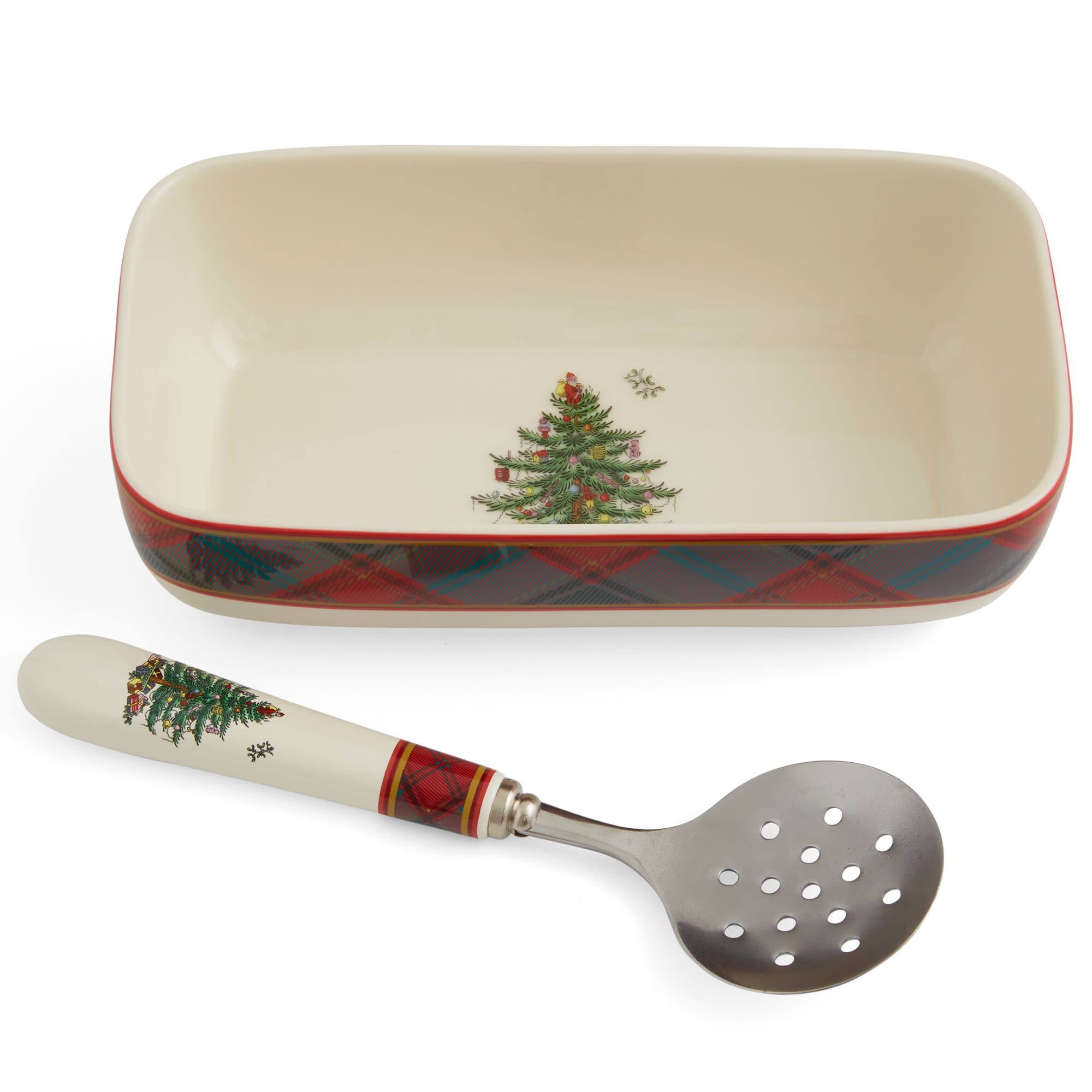 Front. Spode - Spode Christmas Tree Collection 8" x 4.25" Rectangle Server Tartan - Multicolored.