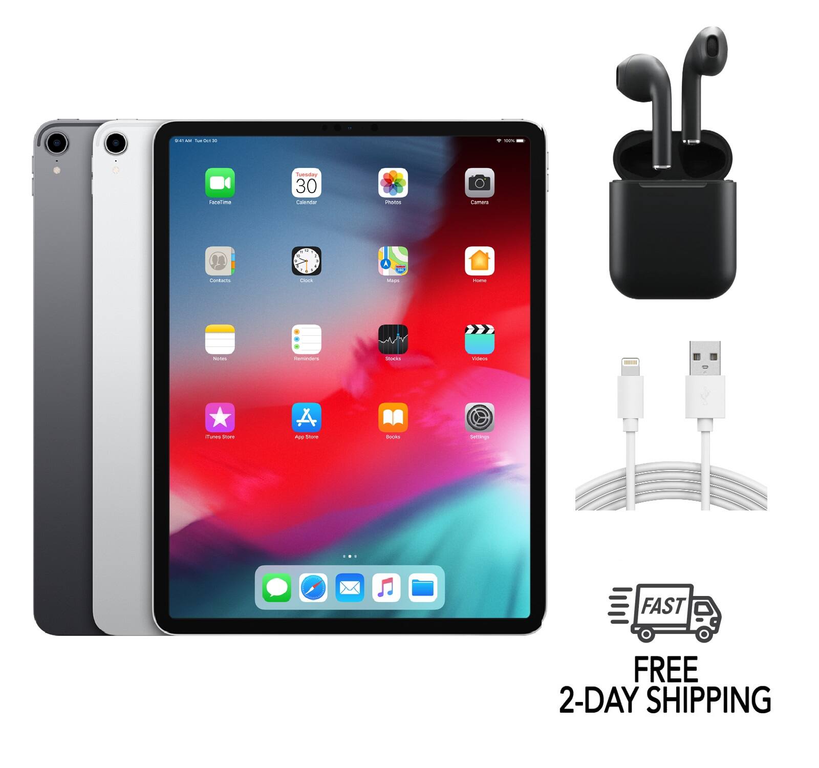 Sure, here is the corrected and grouped text:

---

**FAST FREE 2-DAY SHIPPING**

---

**Included Accessories:**

- Earbuds
- USB Cable
- Charging Adapter

---

**Product Details:**

- FaceTime
- Calendar
- Photos
- Camera
- Home
- Contacts
- Clock
- Maps
- Notes
- Reminders
- Stocks
- iTunes Store
- App Store
- Books
- Settings

---

**Date and Time:**

- SAT AM Tue Oct 30

---

**Battery:**

- 100%