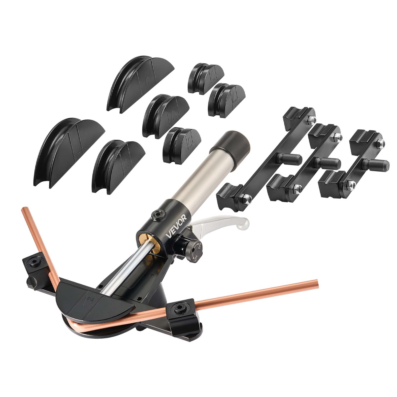 Front. VEVOR - Hydraulic Tubing Bender Kit, 1/4 to 7/8 Inch, Copper Tube Pipe Bender, HVAC Bending Tool Set, 90° Bend, with 7 Dies - Black.