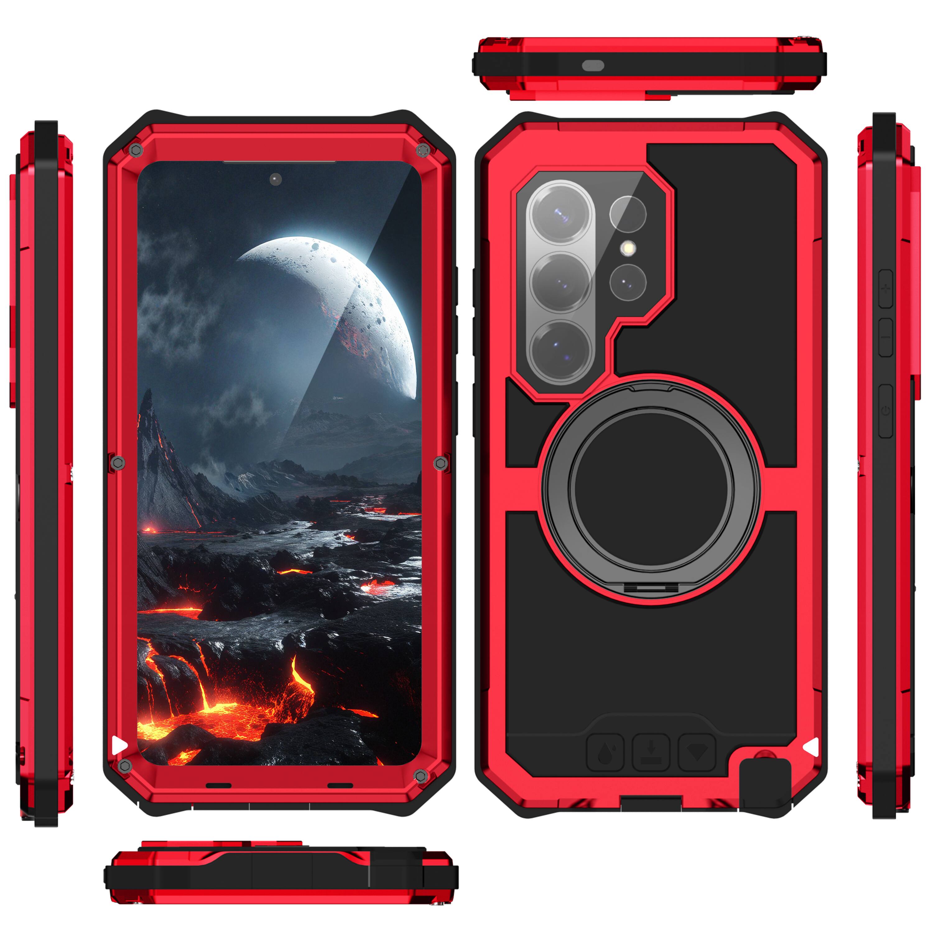 Left. Dteck - Rugged Full Body Case For Samsung Galaxy S26 Ultra Shockproof Magnetic Ring Stand Cover Built-in Screen Lens Protector - Red.