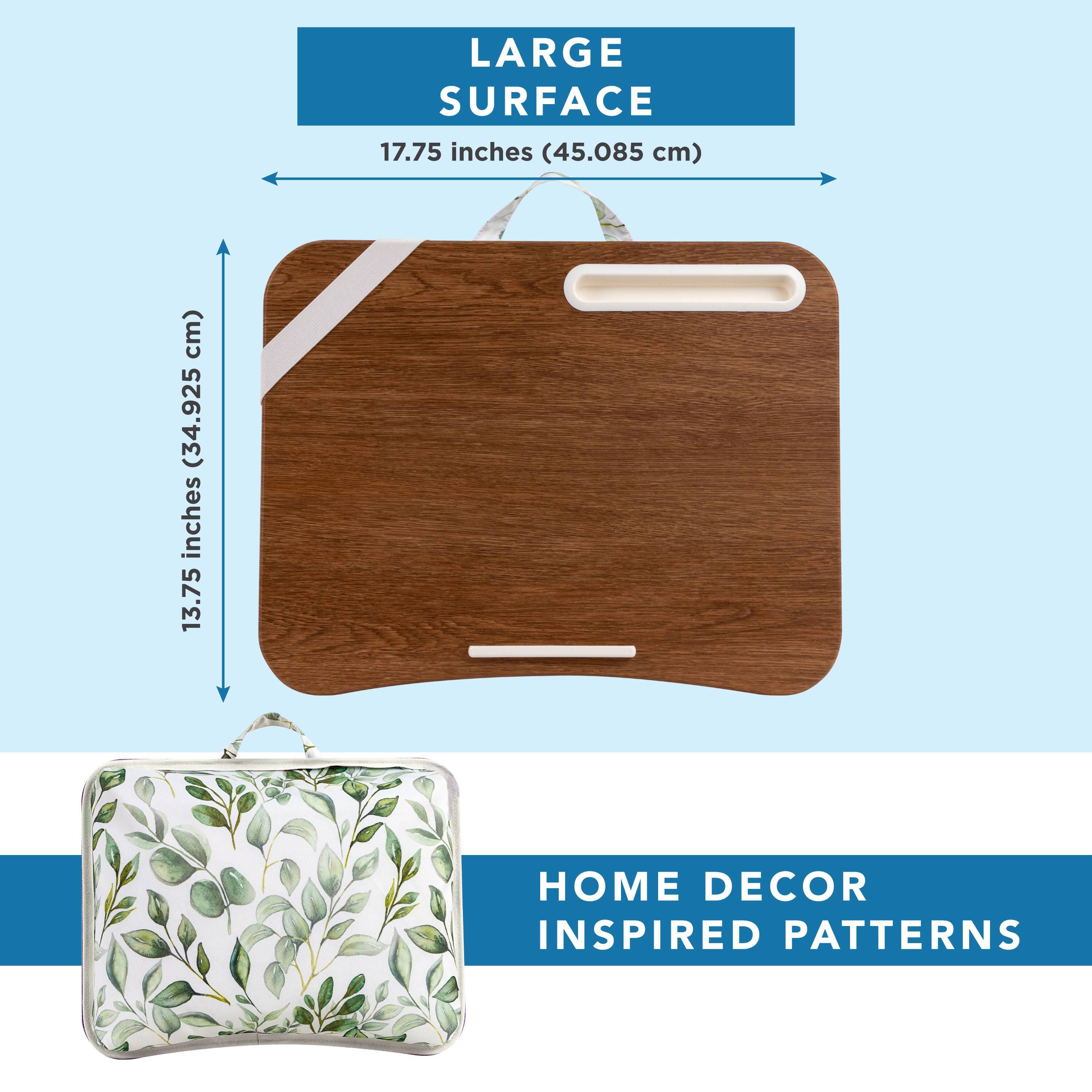 The image features a large surface, which measures 17.75 inches (45.085 cm) in length. It is accompanied by a suitcase that measures 12.75 inches (32.435 cm) in length. The image also showcases home decor inspired patterns, which can be seen on the suitcase and the large surface.