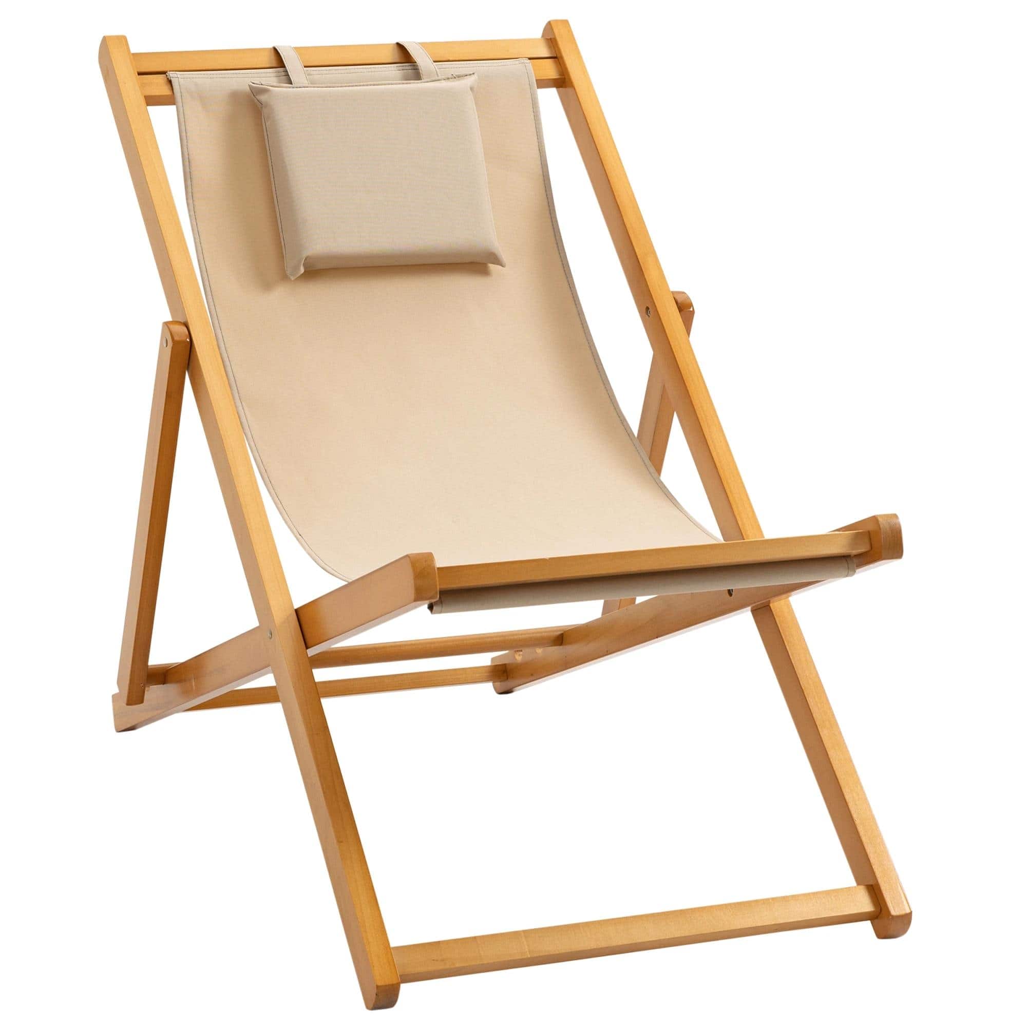 Resenkos - Patio Lounge Chair, Reclining Lounger, Folding Beach Chair with Adjustable Backrest for Deck - Beige