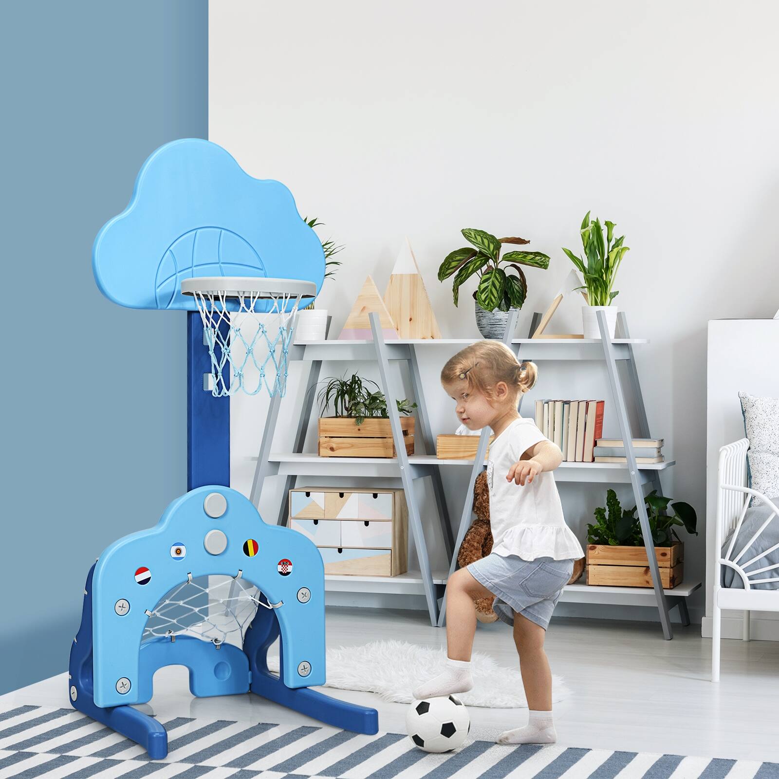 Alt View 8. Ecooso - 3-in-1 Kids Adjustable Basketball Hoop Set with Balls - Green/Blue/White.