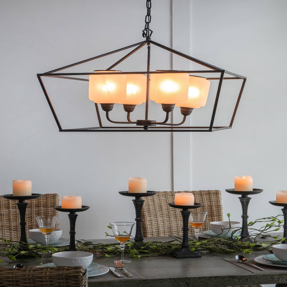 Alt View 6. Loheer - Loheer Black Iron Chandelier, Rectangle Glass Shade Industrial Hanging Light Fixture for Dining Room.