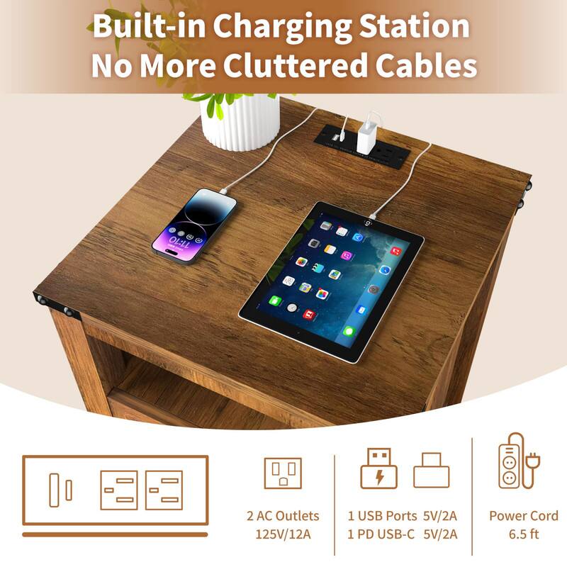 Built-in Charging Station  
No More Cluttered Cables

- 2 AC Outlets 125V/12A
- 1 USB Port 5V/2A
- 1 PD USB-C 5V/2A
- Power Cord 6.5 ft