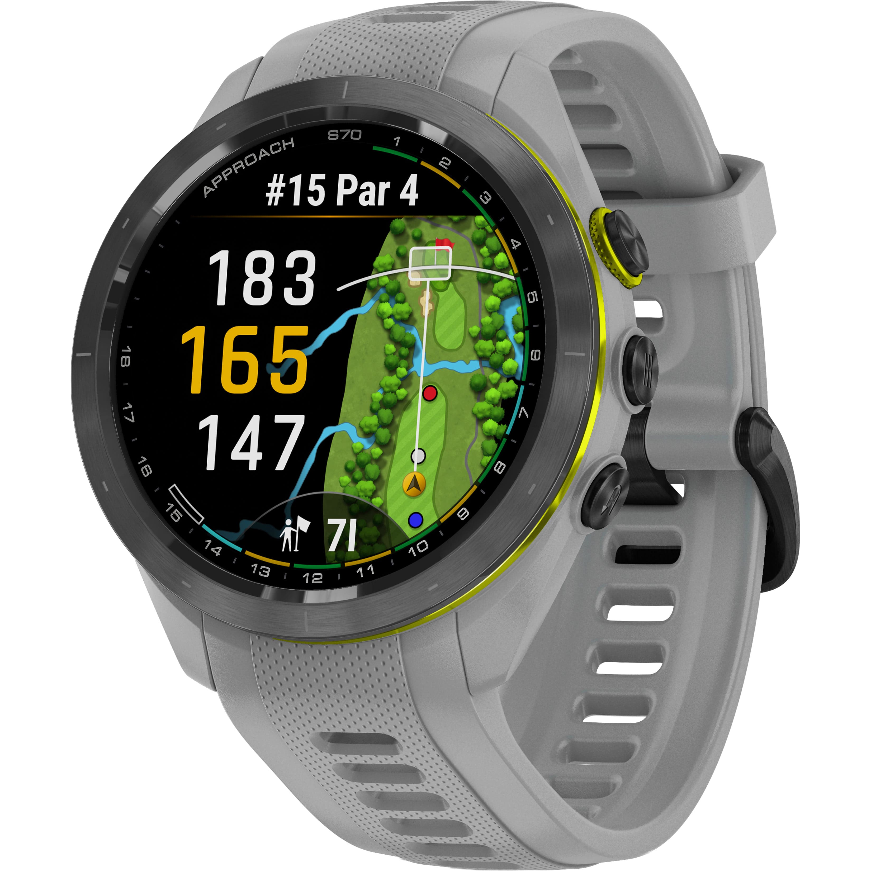 The watch displays information about a golf course, including the hole number, par, and distance to the hole. The hole number is 15, and it is a par 4. The distance to the hole is 183 yards. The watch also shows the distance to the green, which is 18 yards. Additionally, the watch displays the distances to other holes on the course, including hole 7, which is 17 yards away, and hole 14, which is 147 yards away. The watch also shows the total distance for the course, which is 15 yards.