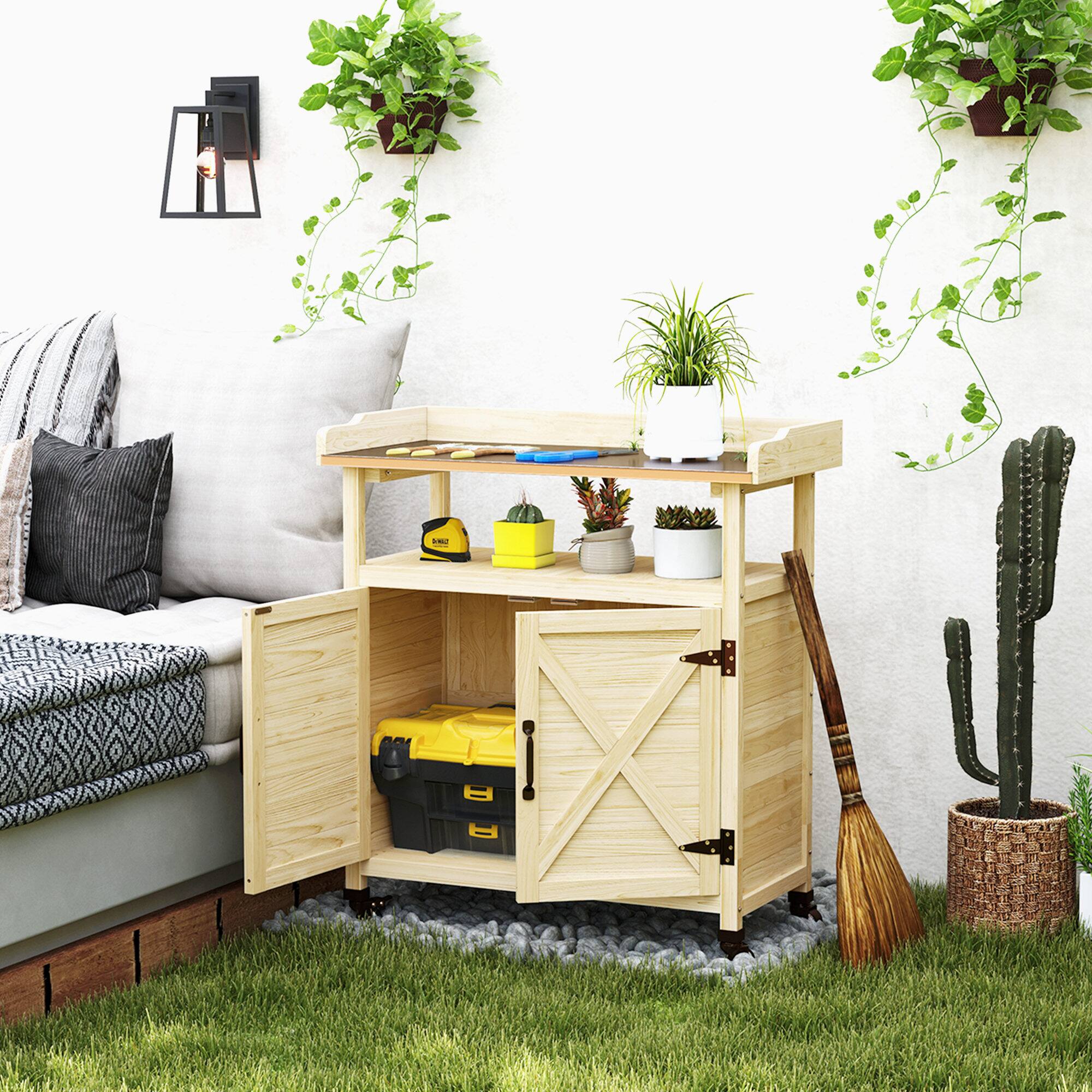 Alt View 1. Outsunny - Outdoor Wooden Potting Bench Table, Garden Workstation with Storage Cabinet, Aluminum Table Top, Rubber Wheels - Natural Wood.