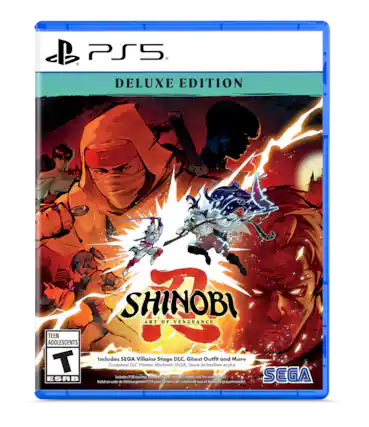 PS5 DELUXE EDITION SHINOBI ART OF VENGEANCE TEEN ADOLESCENTS Includes SEGA Villains Stage DLC, Ghost Outfit and More T Comprend DLC Niveau Méchants SEGA Tenue de fantôme et plus ESRB Includes PSN voucher for Deluxe Edition Induit un code de téléchargement PSN pour le contenu de l'édition Cortent f and uNE Pre-orde Mond adeas de prcommandes SEGA - T (Teen 13+)