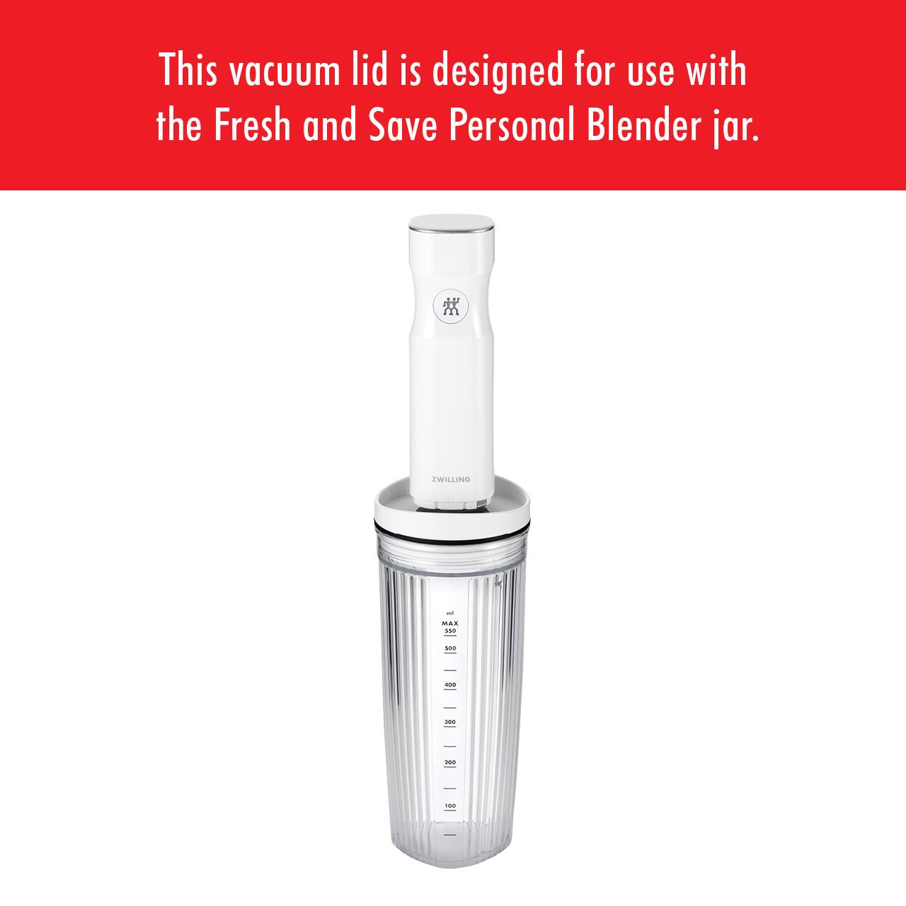 This vacuum lid is designed for use with the Fresh and Save Personal Blender jar.