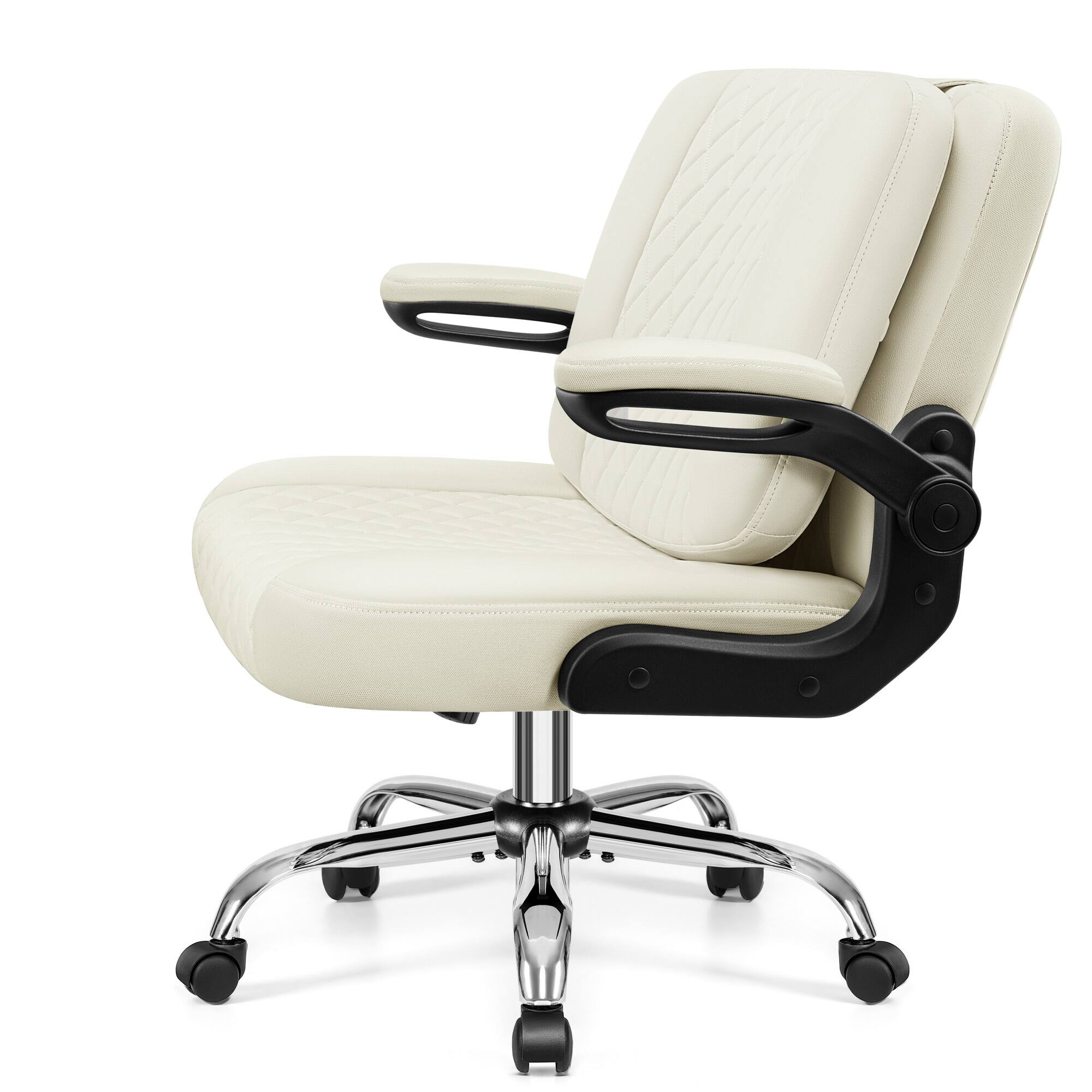 Angle. KERDOM - Ergonomic Home Office Chair with Flip Backrest, Thick Cushion Back Pain Relief, PU Leather Swivel Wide Seat Vanity Chair - White.