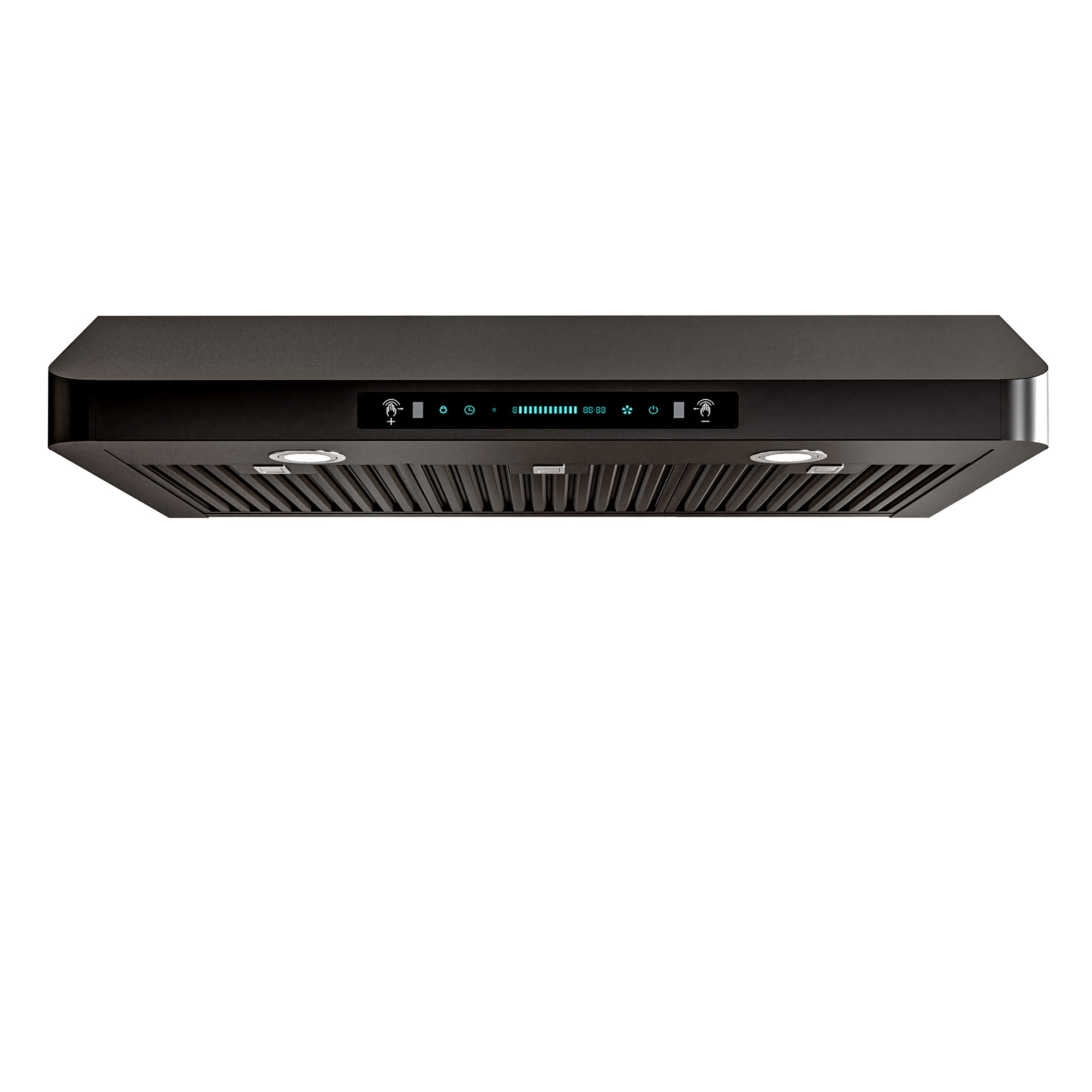 Front. Onefly - 36 inches - Externally Vented - Under Cabinet Range Hood - Black stainless steel.