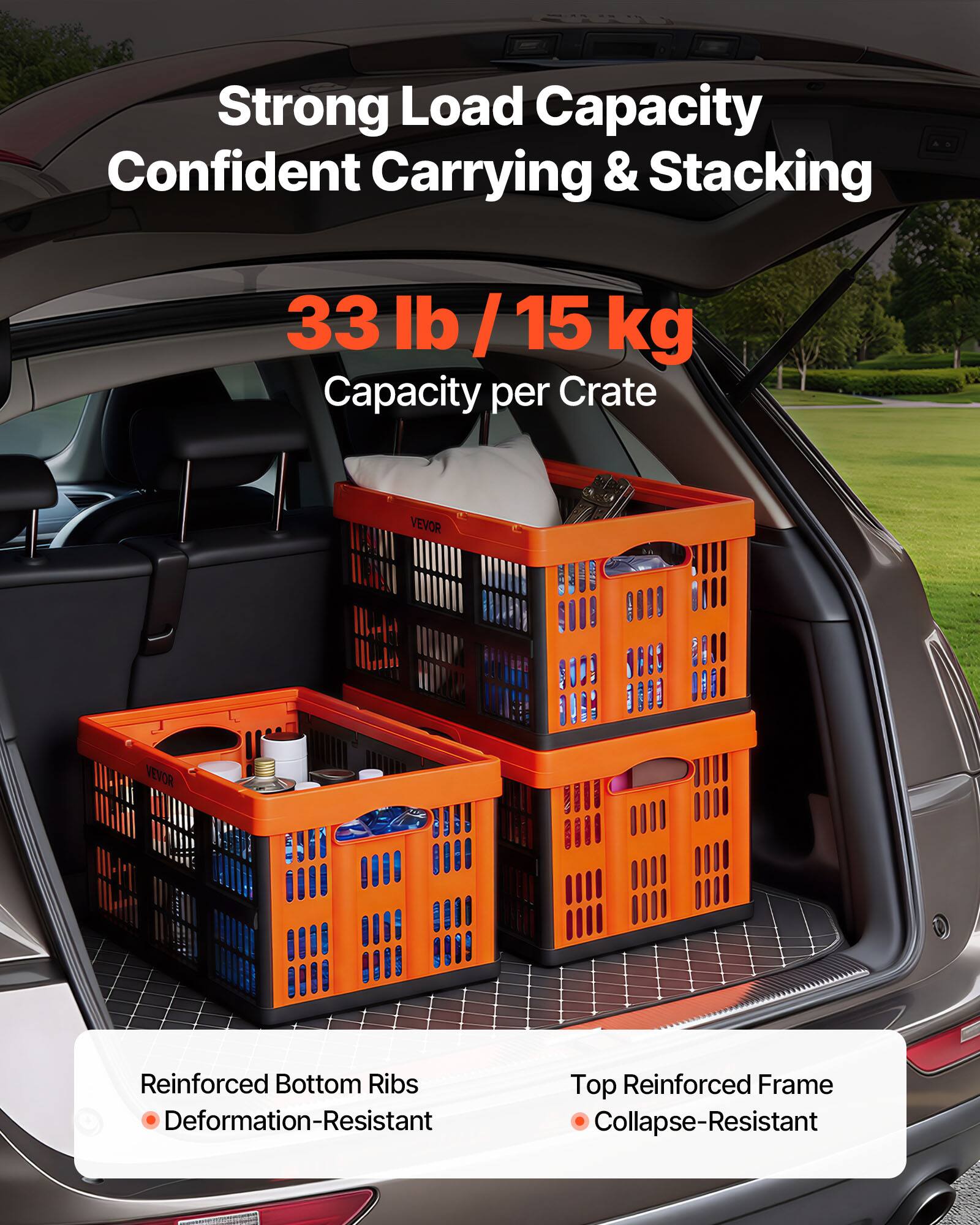 Strong Load Capacity  
Confident Carrying & Stacking  

33 lb / 15 kg  
Capacity per Crate  

Reinforced Bottom Ribs  
Deformation-Resistant  

Top Reinforced Frame  
Collapse-Resistant