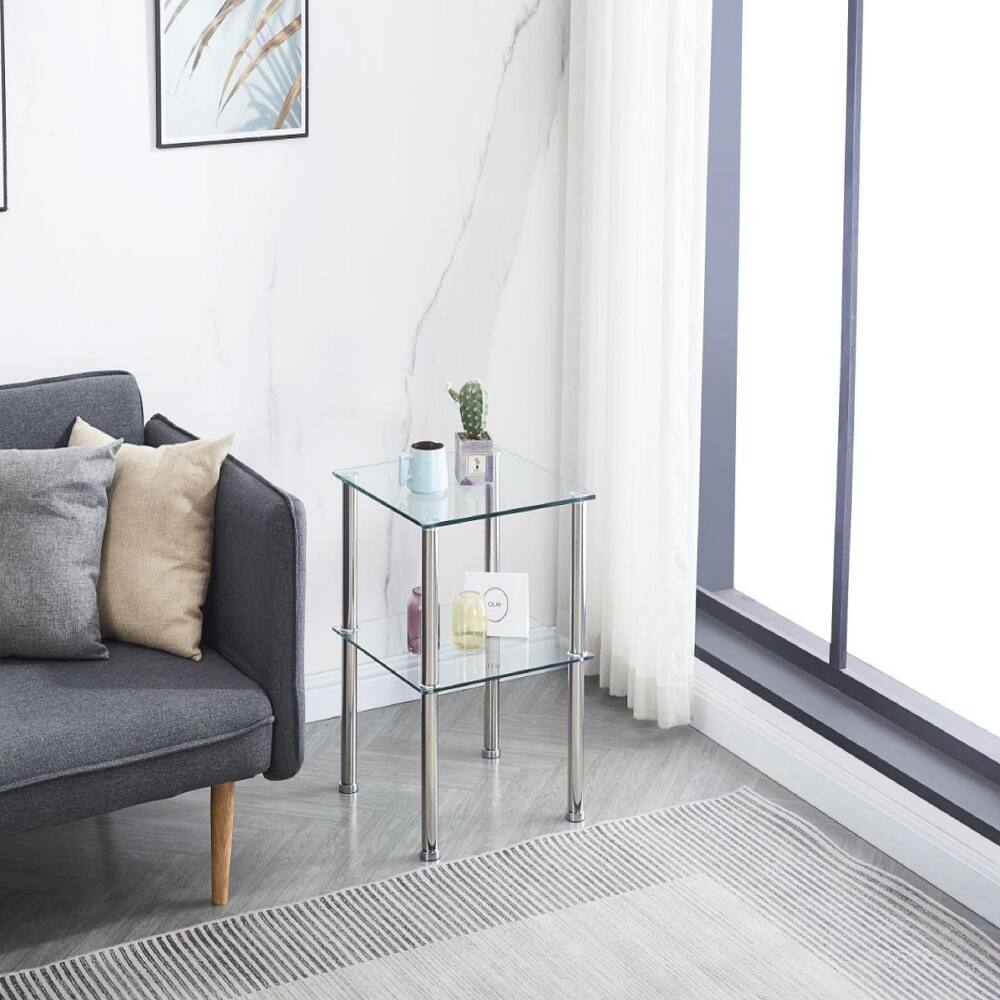 Back. Loheer - Loheer 2-Piece Clear Side Table 2-Tier End Table Modern Glass Nightstand with Storage Shelf Square Sofa Table - Clear.