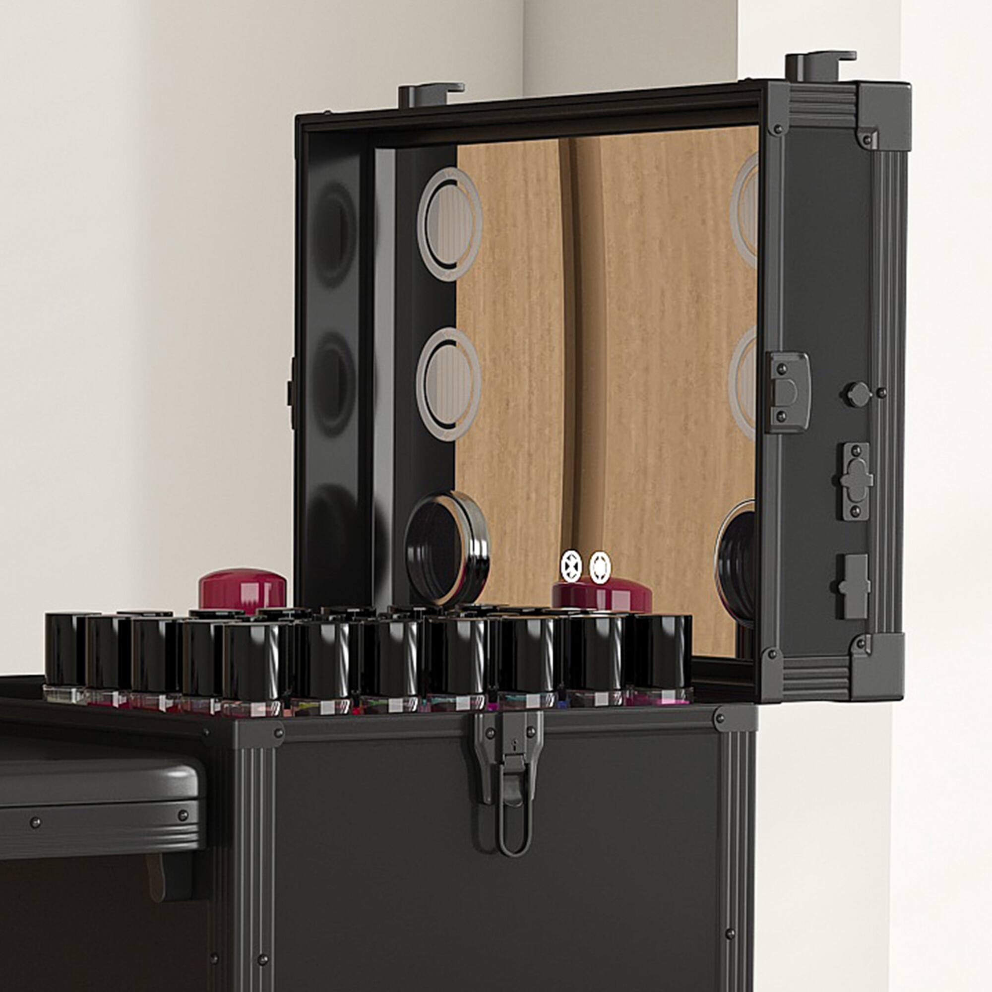 Angle. GOODSILO - Professional Folding Nail Art Table with LED Mirror Bluetooth Speaker Lockable Drawers Telescopic Pole Salon Station - Black.