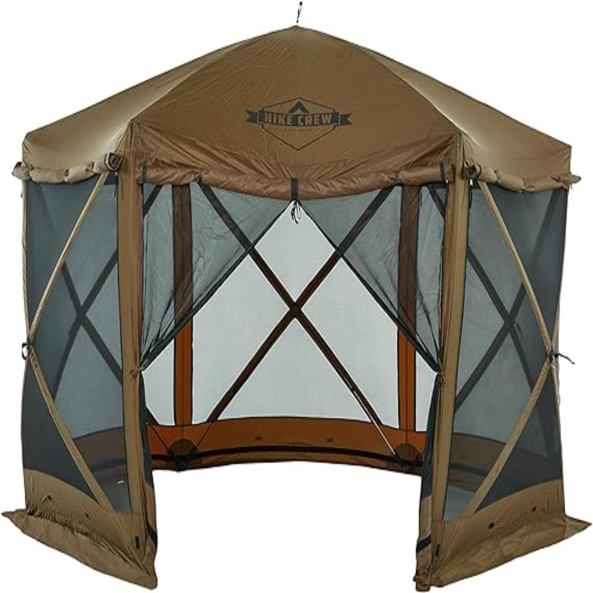 Hike Crew - 12’x12’ Pop Up Gazebo Tent, 6-Sided Outdoor Camping Canopy W/Zippered Wind Panels - Brown
