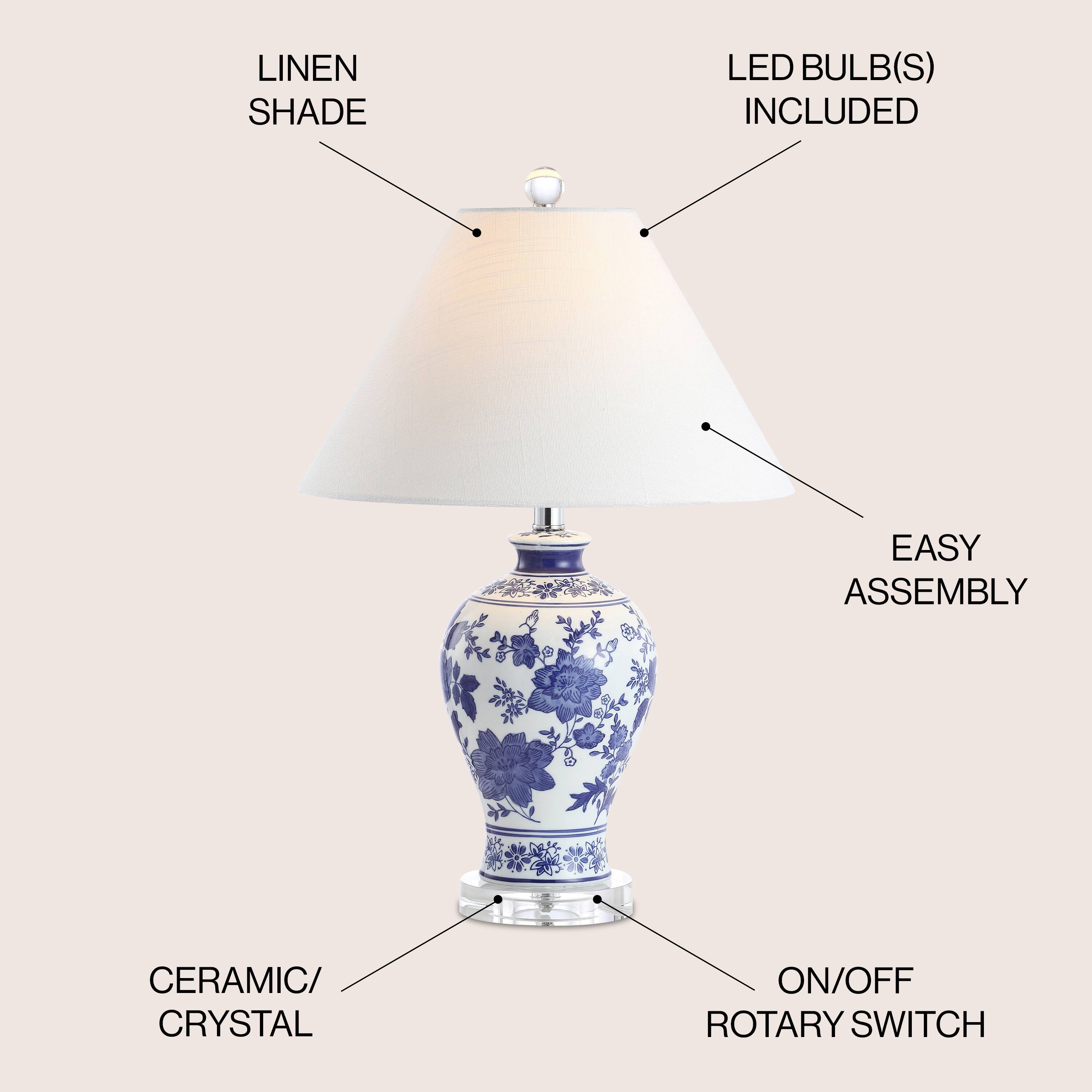 - Linen Shade
- LED Bulb(s) Included
- Easy Assembly
- Ceramic/Crystal
- On/Off Rotary Switch