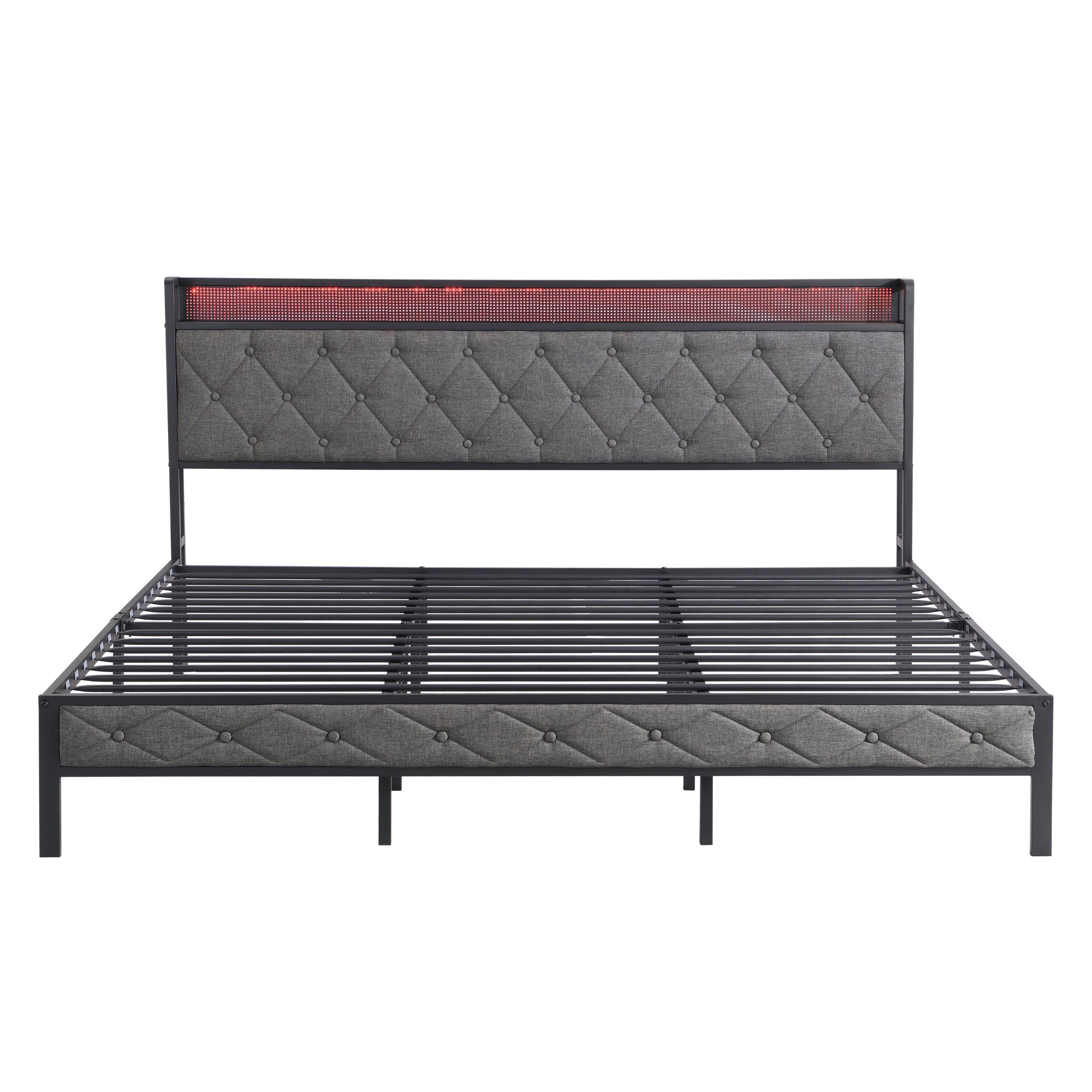 Alt View 3. LUCKY ONE - King Size Upholstered Bed Frame with Storage Headboard,Charging Station and LED Lights - Gray.