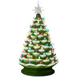 Best Choice Products - 18in Ceramic Christmas Tree, Pre-lit Hand-Painted Frosted Holiday Decor w/ 93 Multicolor Bulbs - Frosted w/ Multicolored Lights
