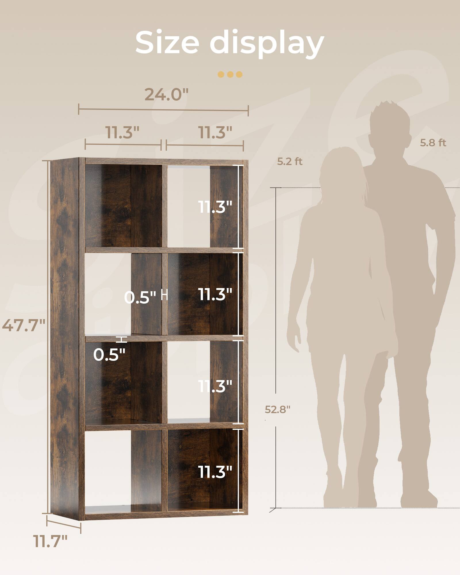 Size display

- Width: 24.0"
- Depth: 11.3"
- Height: 47.7"
- Shelf Height: 11.3"
- Shelf Depth: 11.3"
- Shelf Spacing: 0.5"
- Overall Height: 52.8"
- Overall Depth: 11.7"
- Overall Width: 52.8"
- Overall Height: 5.8 ft
- Overall Depth: 5.2 ft