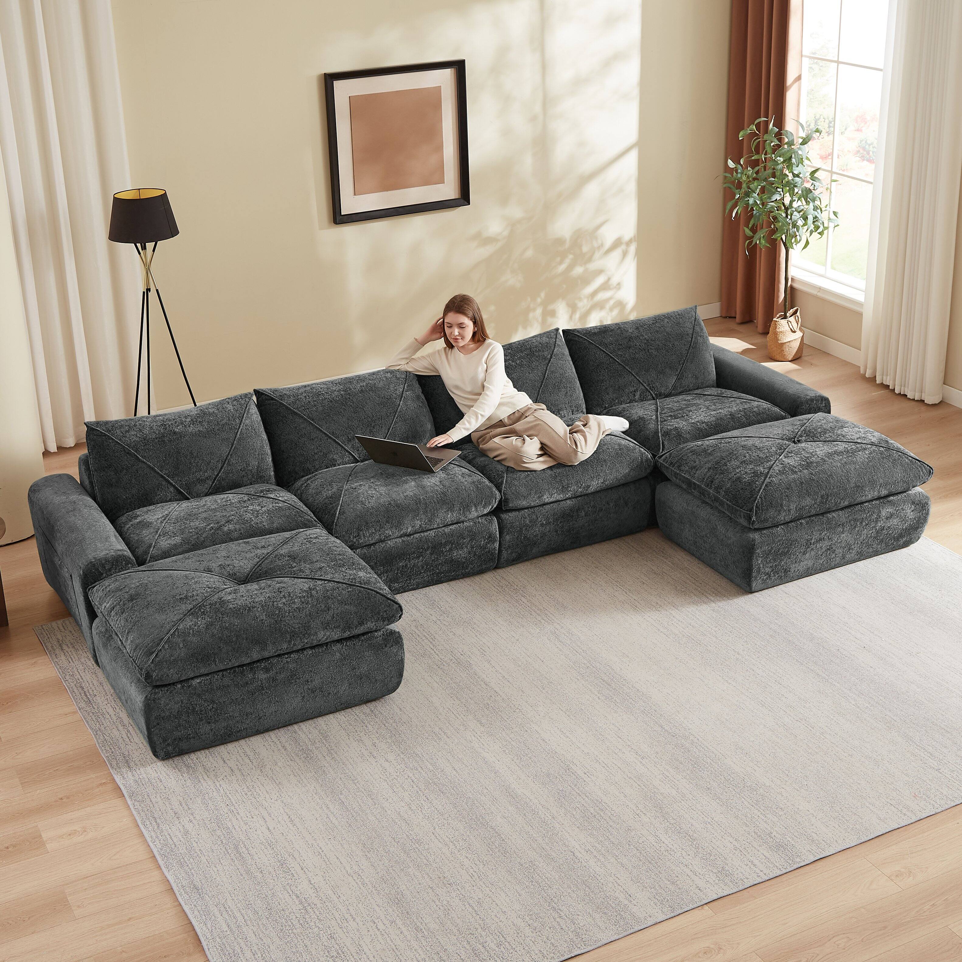 Back. Loheer - Loheer Modern Minimalist Chenille Sectional Sofa Oversized Modular Couch with Ottoman for Large Living Rooms - Dark Gray.