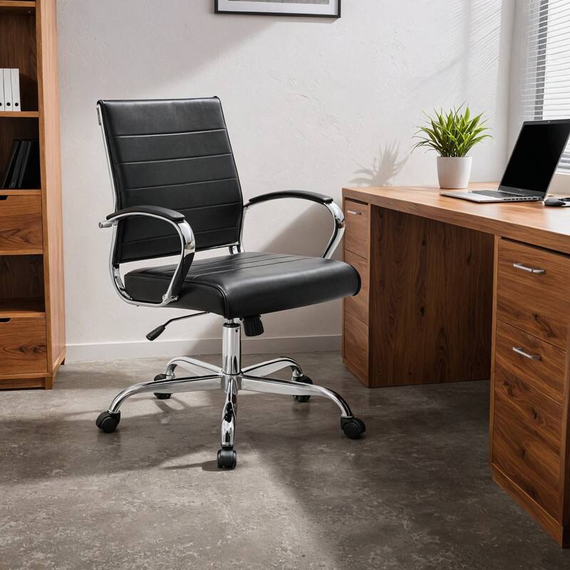Angle. LeisureMod - Benmar Modern Leather Office Desk Chair with Ribbed Seat Design and Steel Frame Computer Chair - Black.