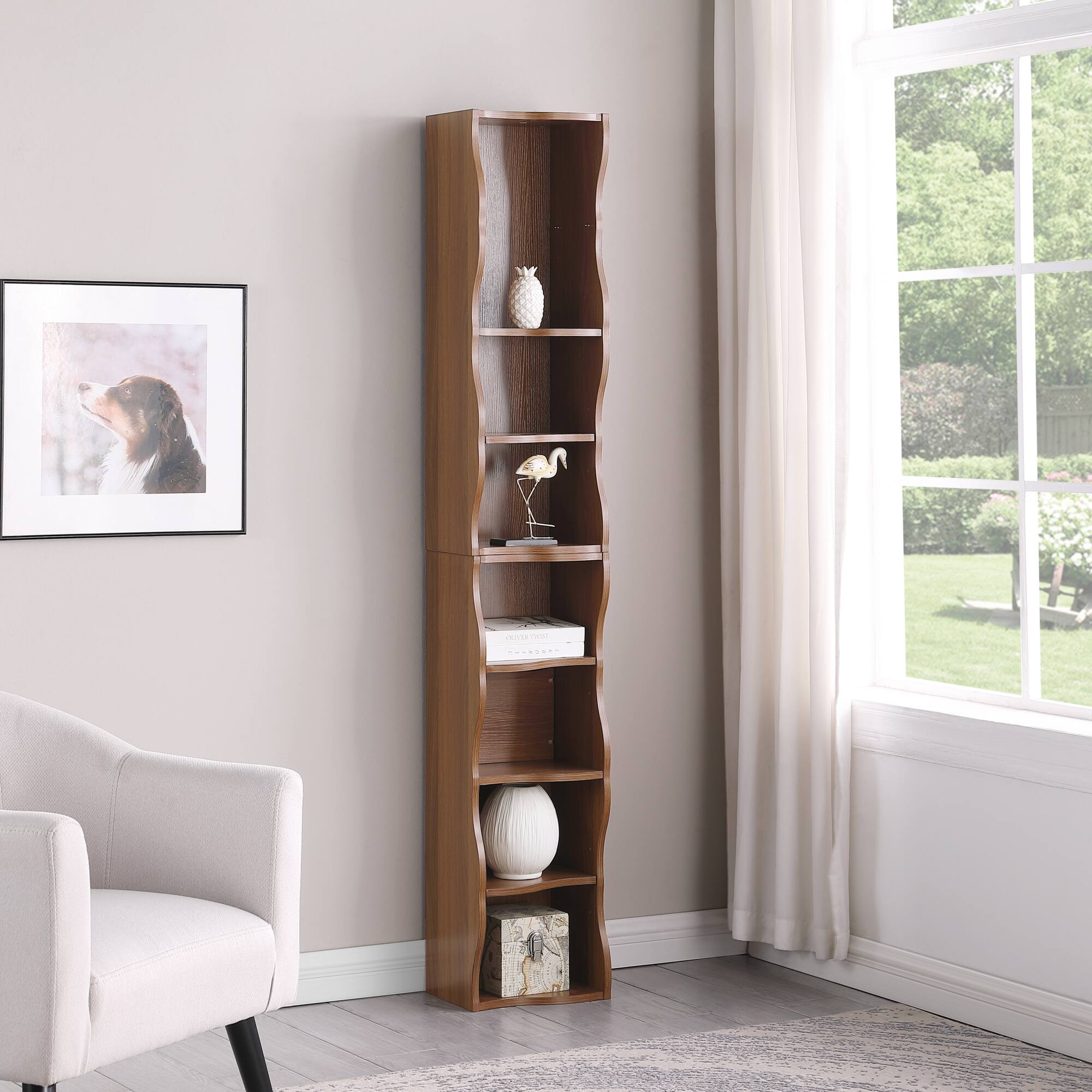 Left. GOODSILO - Ultra-Thin Adjustable Shelf Bookcase with Wavy Border Design for Home and Office Storage Solutions - Walnut.