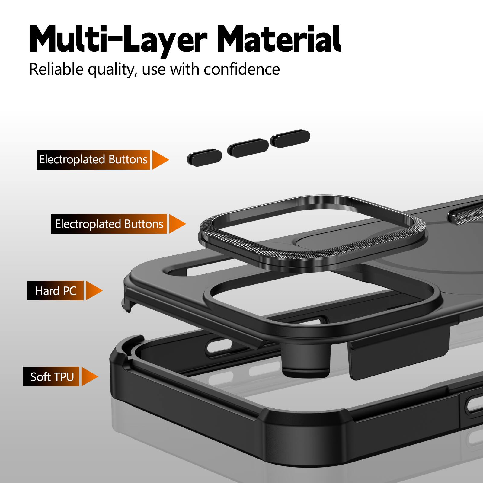 Multi-Layer Material  
Reliable quality, use with confidence  

- Electroplated Buttons  
- Electroplated Buttons  
- Hard PC  
- Soft TPU