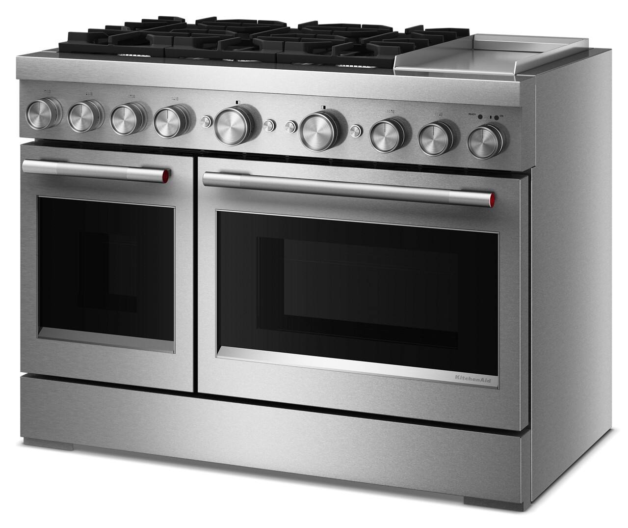 Left. KitchenAid - 6.3 Cu. Ft. Freestanding Dual Fuel Range with Griddle and 6 Burners - Stainless Steel.