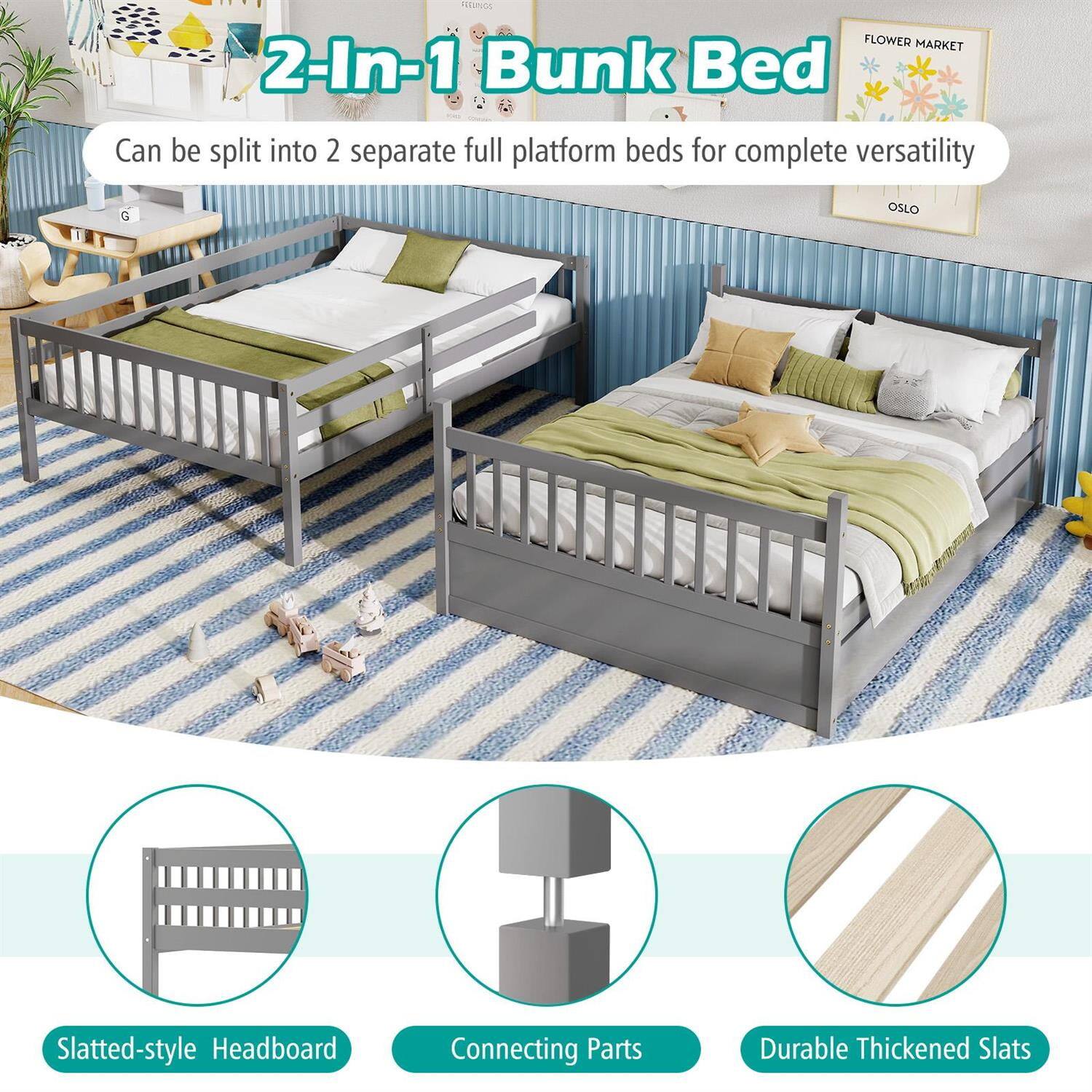 HENOE FLOWER MARKET  
2-In-1 Bunk Bed  
Can be split into 2 separate full platform beds for complete versatility  
OSLO  
Slatted-style Headboard  
Connecting Parts  
Durable Thickened Slats