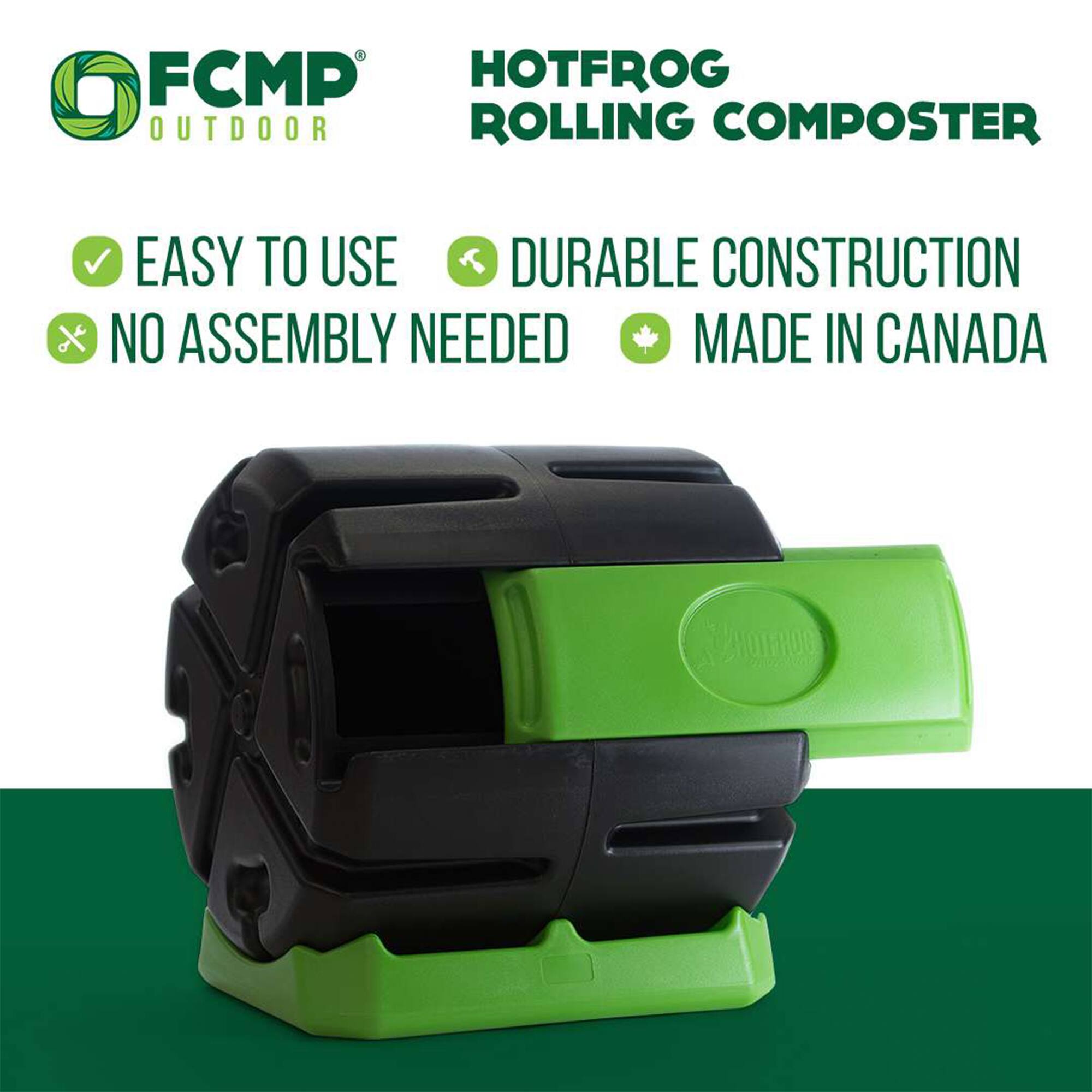 FCMP Outdoor  
HOTFROG ROLLING COMPOSTER  

- EASY TO USE  
- DURABLE CONSTRUCTION  
- NO ASSEMBLY NEEDED  
- MADE IN CANADA