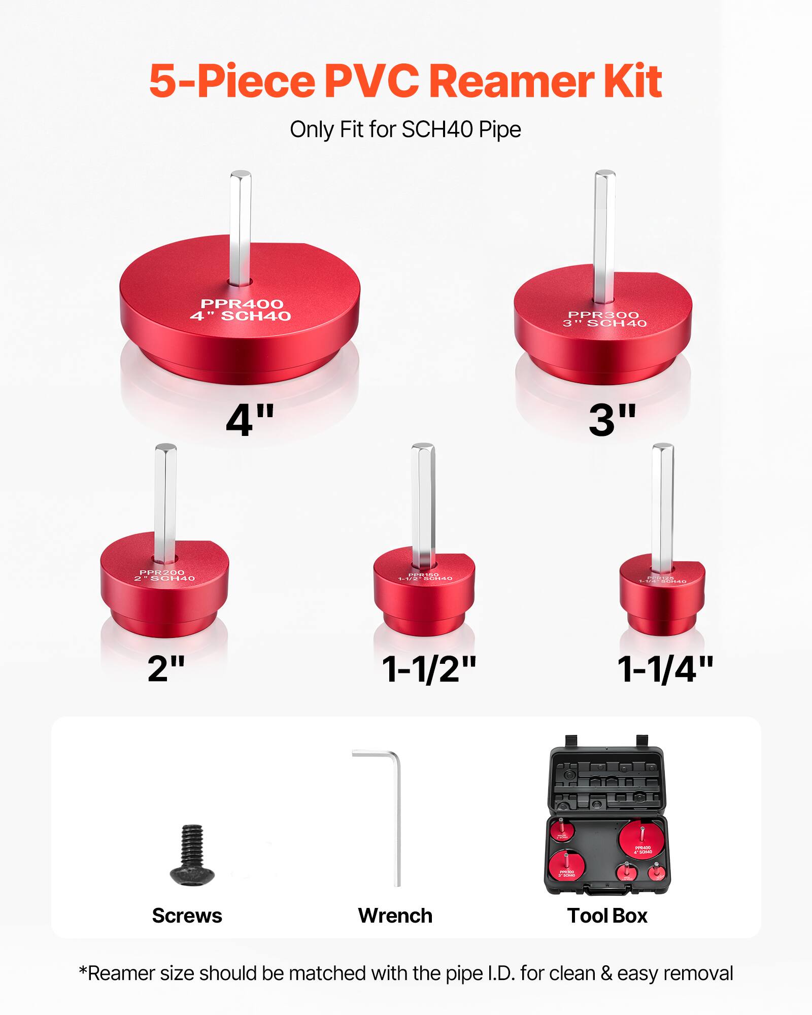 5-Piece PVC Reamer Kit  
Only Fit for SCH40 Pipe  

PPR400 4" SCH40  
PPR300 3" SCH40  
PPR200 2" SCH40  
PPR150 1-1/2" SCH40  
PPR110 1-1/4" SCH40  

Screws  
Wrench  
Tool Box  

*Reamer size should be matched with the pipe I.D. for clean & easy removal