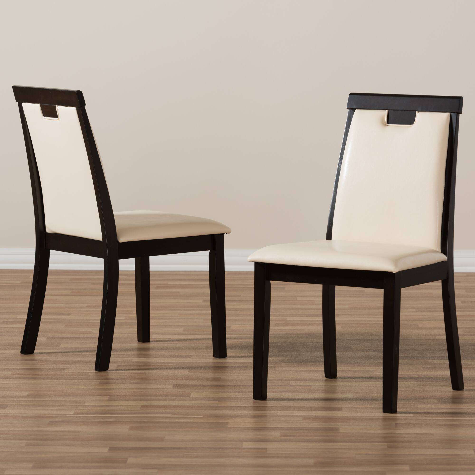 Alt View 2. Baxton Studio - Set of 2 Evelyn Modern Faux Leather Upholstered and Finished Dining Chairs - Beige/Dark Brown.