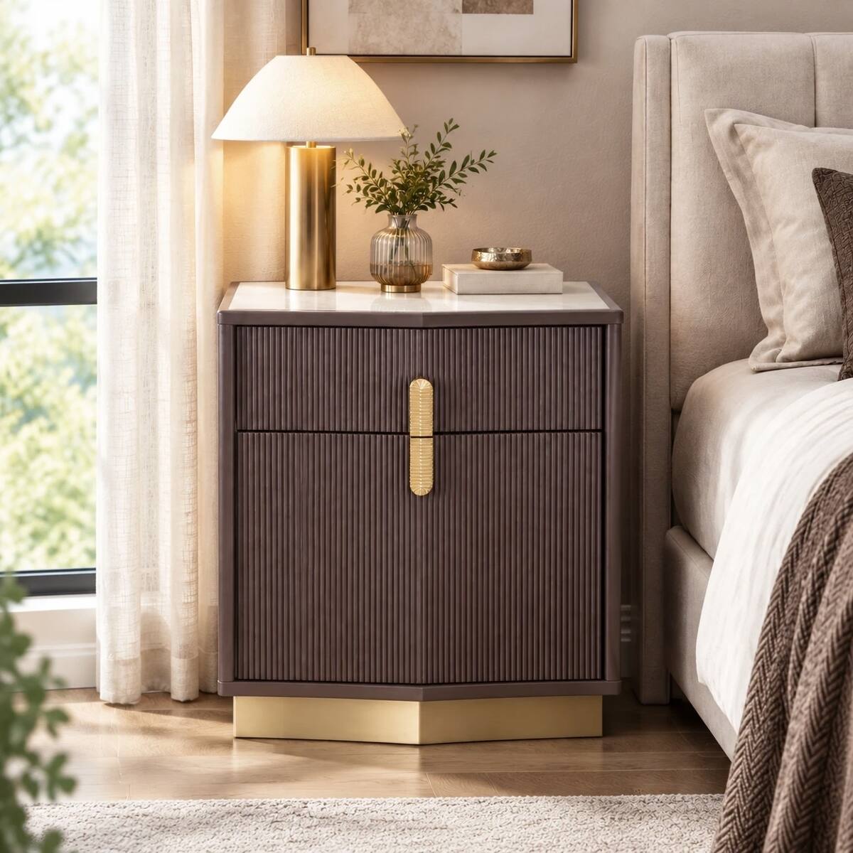 Front. Loheer - Loheer 2 Drawer Nightstand, Chocolate Vertical Stripe Bedside Table - Chocolate.