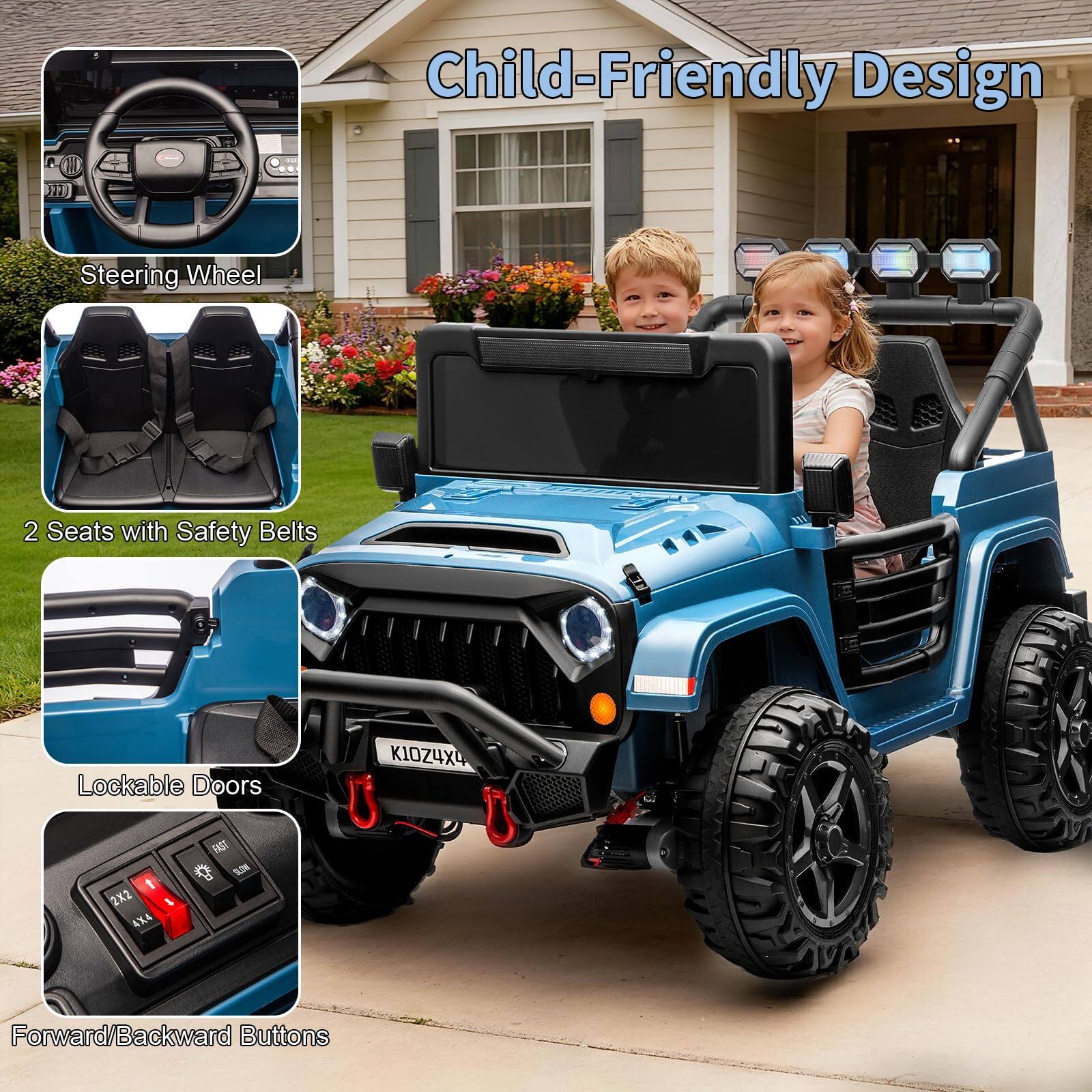 Child-Friendly Design

- Steering Wheel
- 2 Seats with Safety Belts
- Lockable Doors
- Forward/Backward Buttons