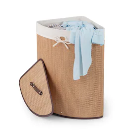 Costway - Corner Bamboo Hamper Laundry Basket Washing Cloth Bin Storage Bag - Natural