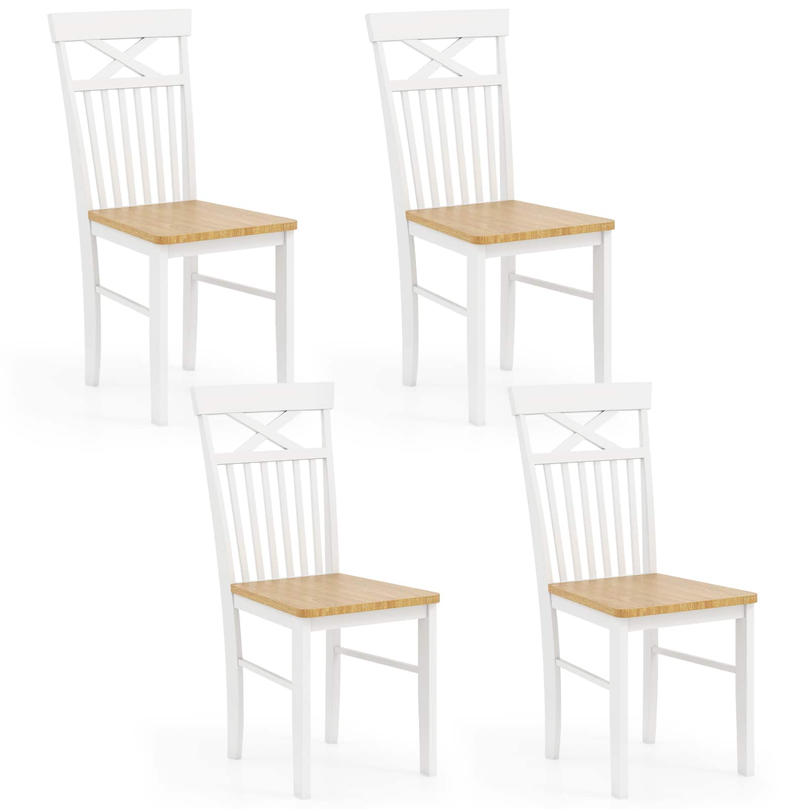 Gymax - Farmhouse Dining Chair Set of 4 Wooden Kitchen Chair w/ Rubber Wood Frame - Natural, White