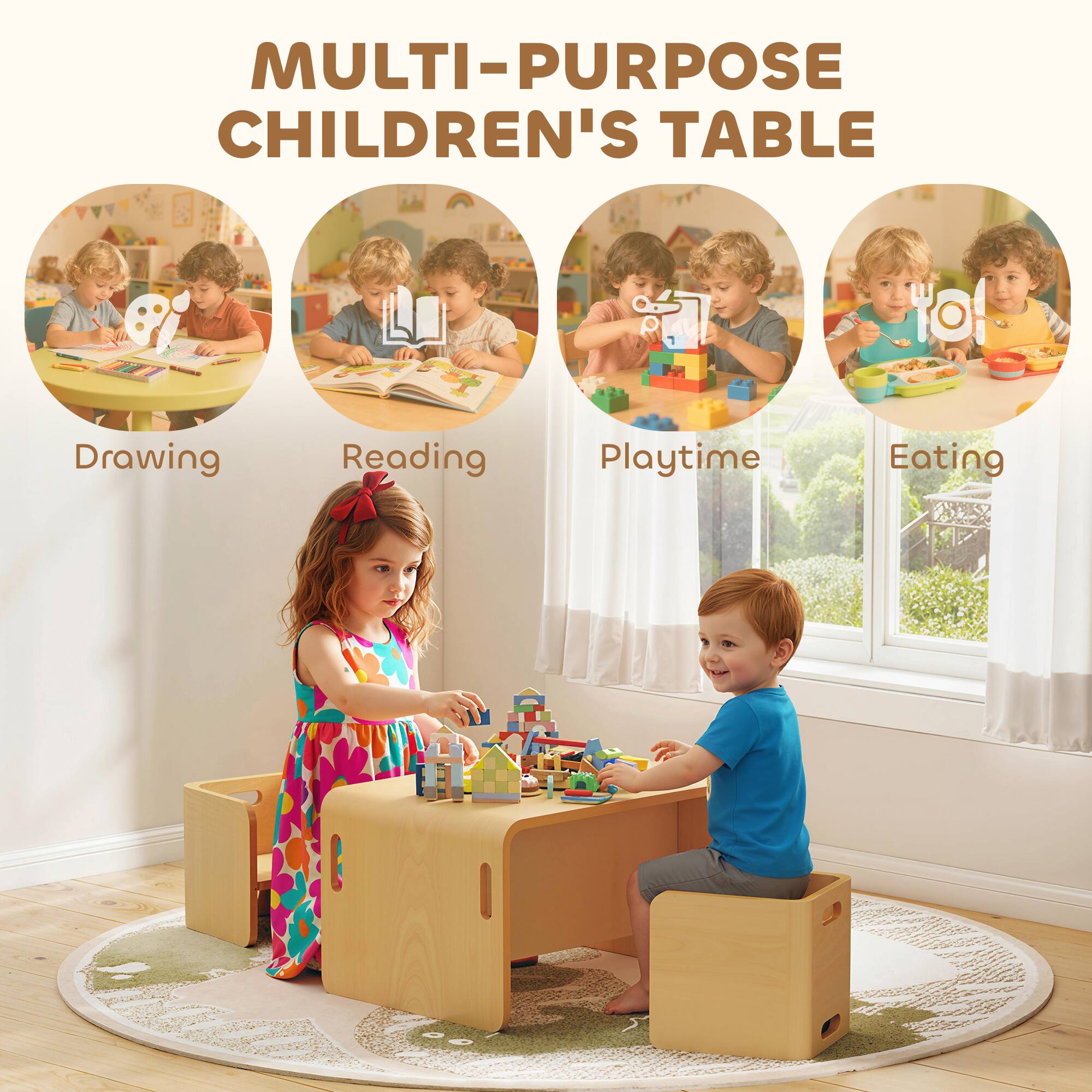 MULTI-PURPOSE CHILDREN'S TABLE

Drawing  
Reading  
Playtime  
Eating
