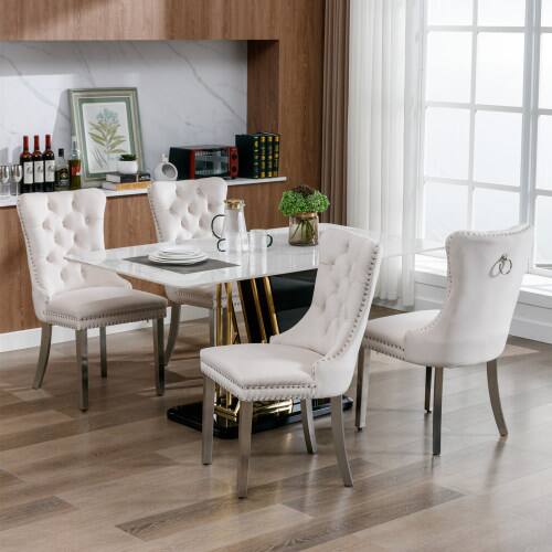 Front. LUCKY ONE - Assembled Tufted Velvet Dining Chair Set of 2 with Chrome Stainless Steel Legs Nailhead Trim - Beige.
