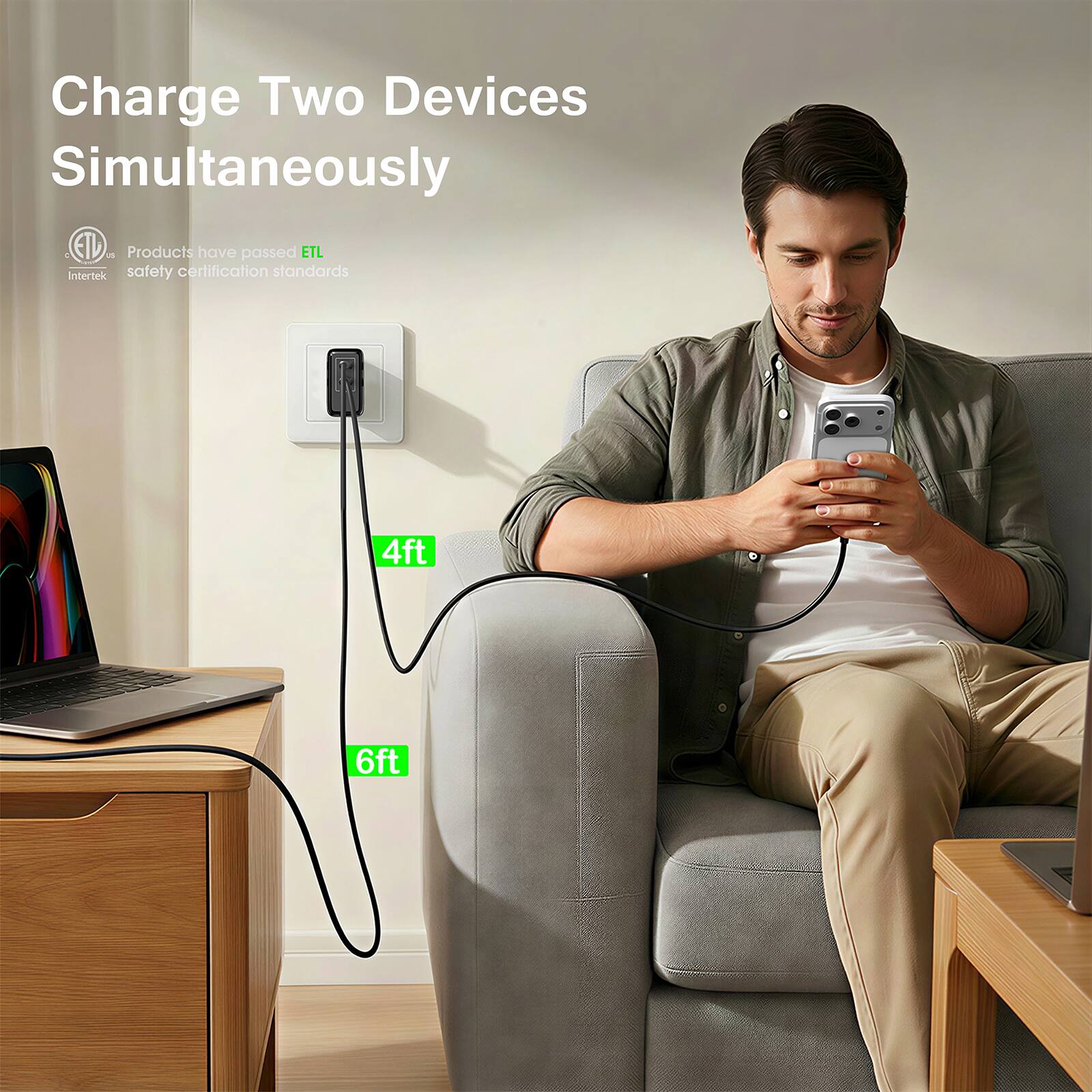 Charge Two Devices Simultaneously

Products have passed ETL Intertek safety certification standards

4ft

6ft