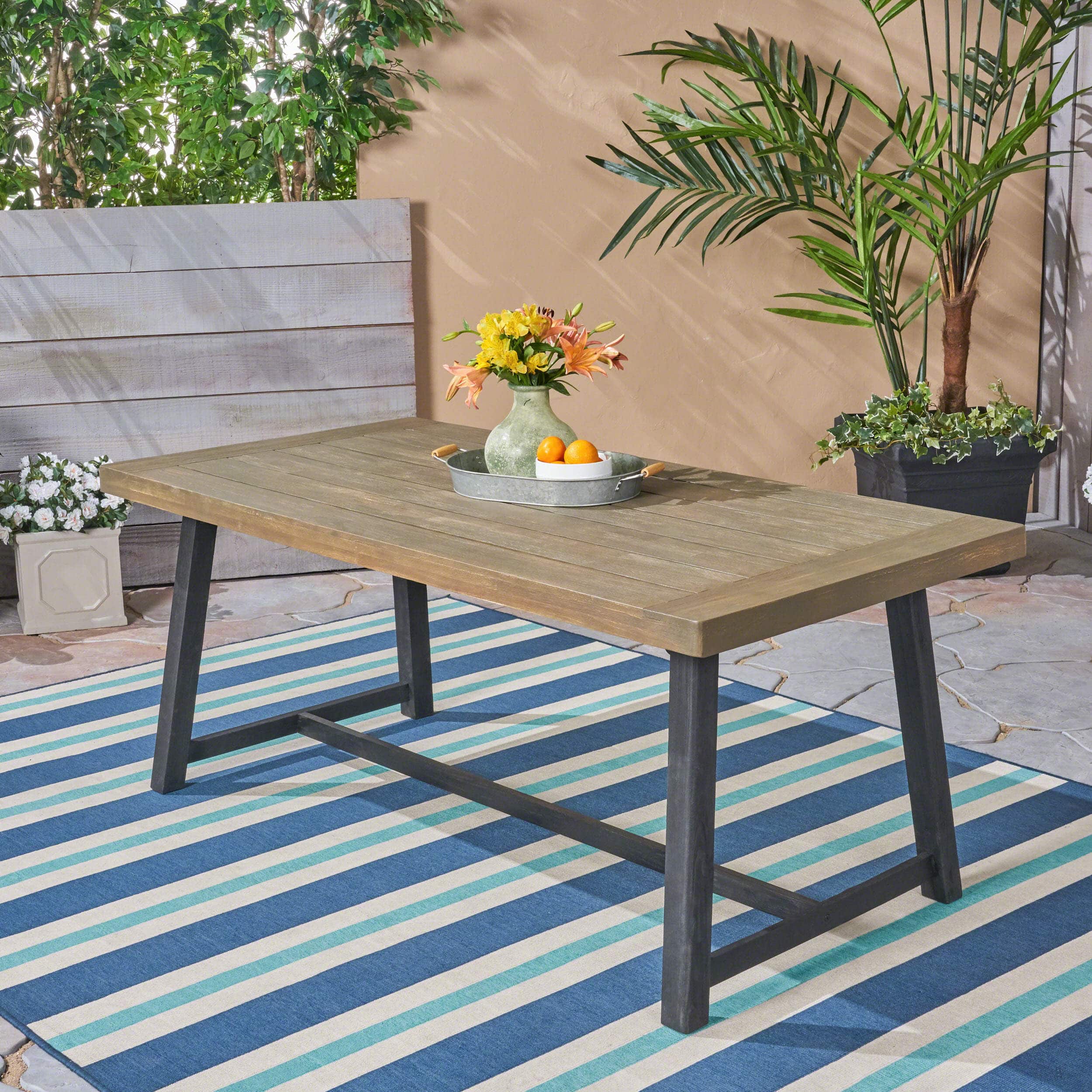 APRILSOUL - Outdoor Acacia Wood Dining Table Sandblast Gray Finish Black - Grey,Black