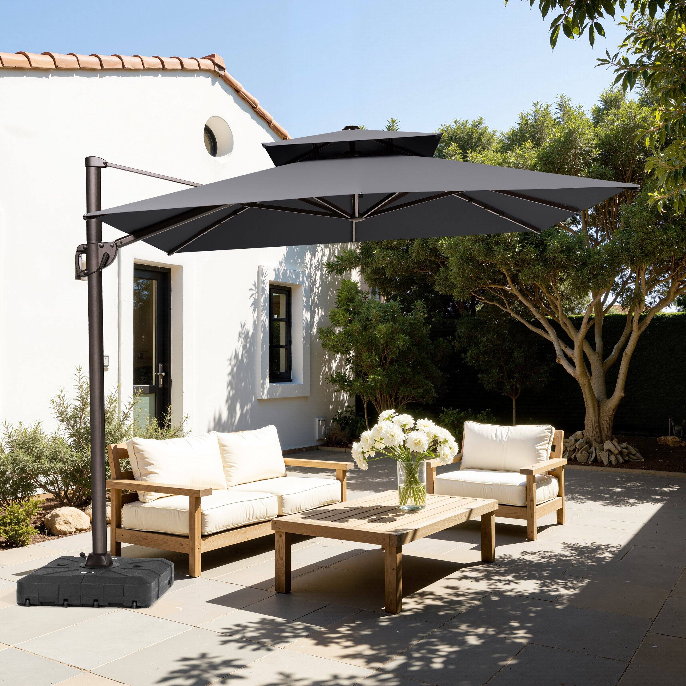 Back. Crestlive Products - Crestlive Products 11ft UPF50+ Aluminum Double Top Slide-tilt Cantilever Patio Umbrella with 350lbs Wheeled Base - Dark gray.
