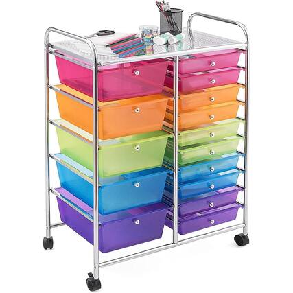Front. Paradigms Interiors - 15 Drawers Rolling Storage Cart Multipurpose Craft With Wheels Mobile Tools Scrapbook Paper Organizer For S... - Rainbow.