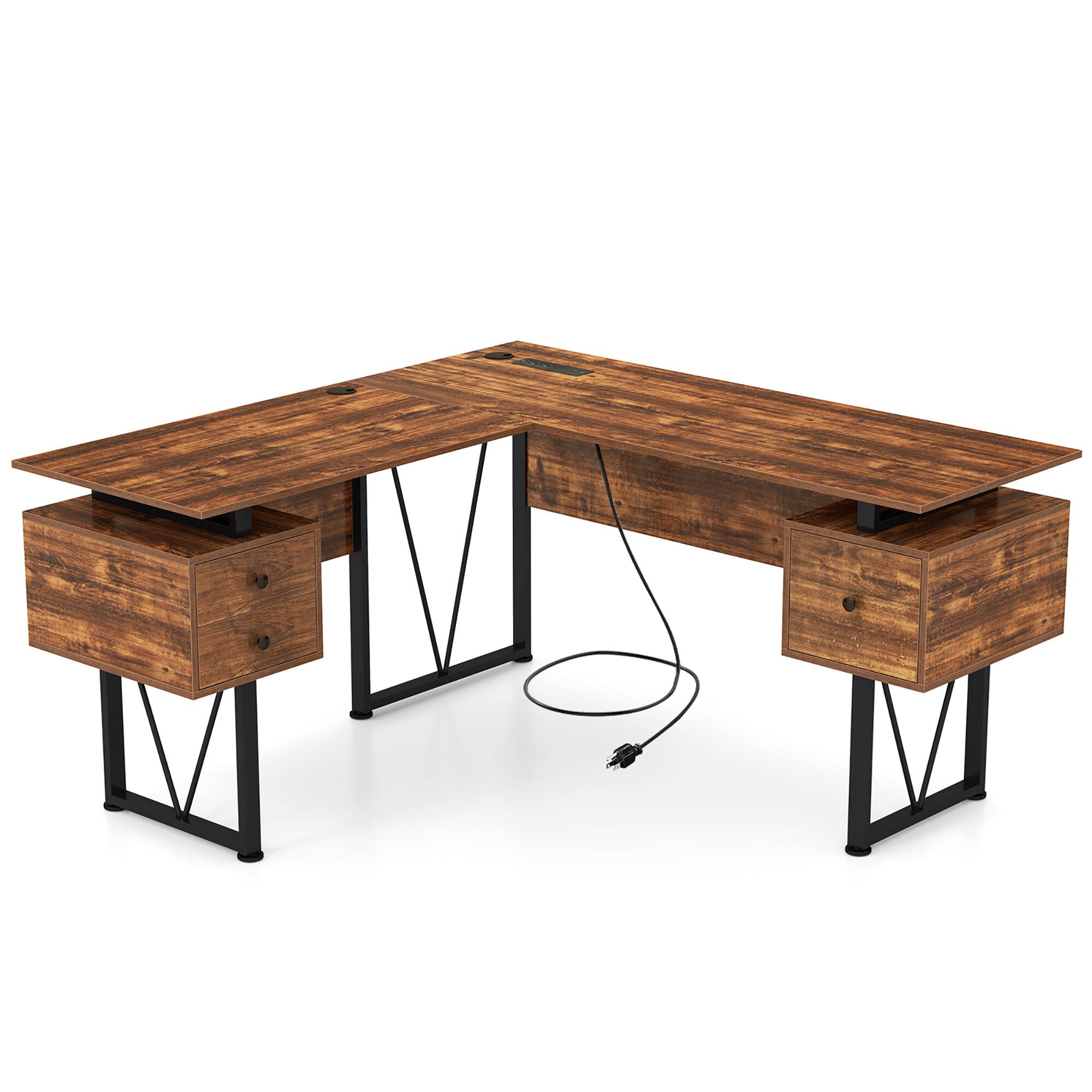 Alt View 9. Gymax - Gymax 59'' L-shaped Computer Desk w/ Charging Station Corner Desk Sturdy Metal Frame - Rustic Brown, Black.