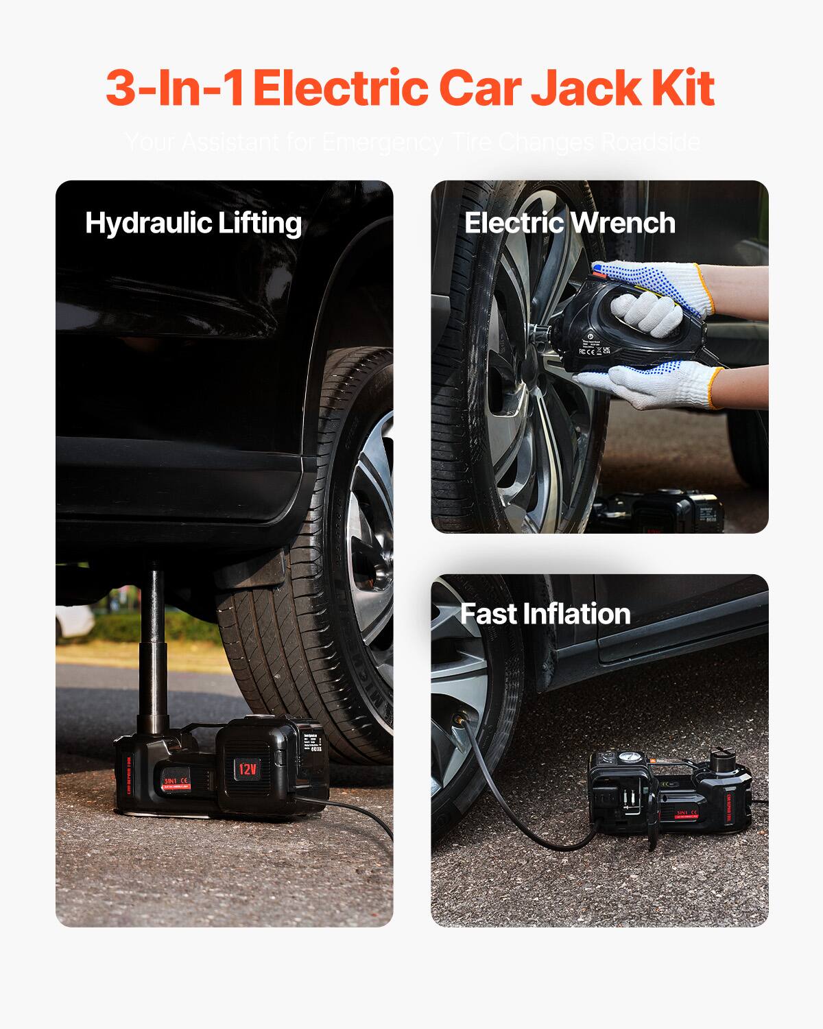 3-In-1 Electric Car Jack Kit  
Your Assistant for Emergency Tire Changes Roadside  
Hydraulic Lifting  
Electric Wrench  
Fast Inflation  
12V
