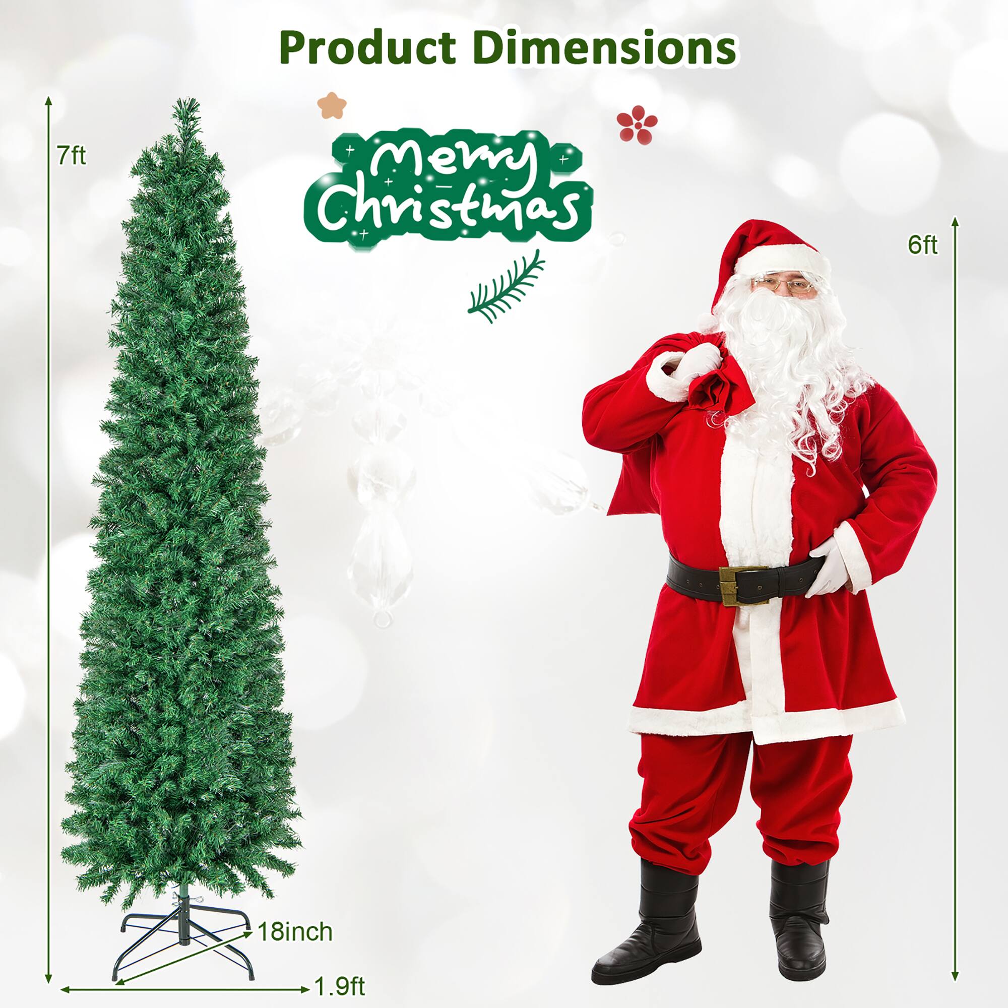 Product Dimensions

- Christmas Tree: 7ft
- Santa Claus: 6ft
- Base of Tree: 18inch
- Width of Tree: 1.9ft

Merry Christmas