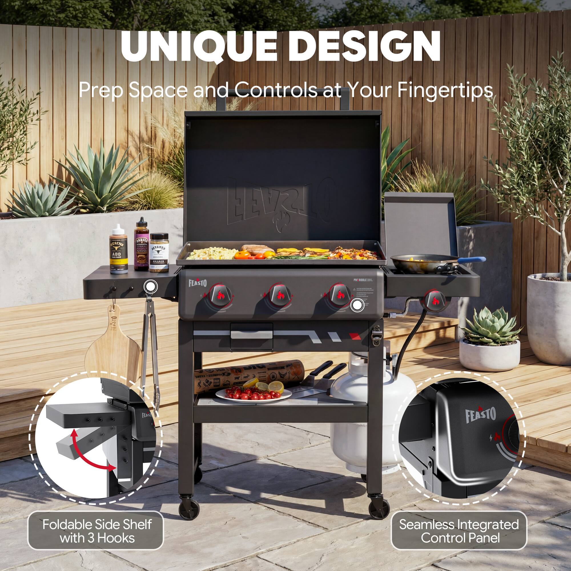 UNIQUE DESIGN  
Prep Space and Controls at Your Fingertips  

FEASTO  
Foldable Side Shelf with 3 Hooks  
Seamless Integrated Control Panel