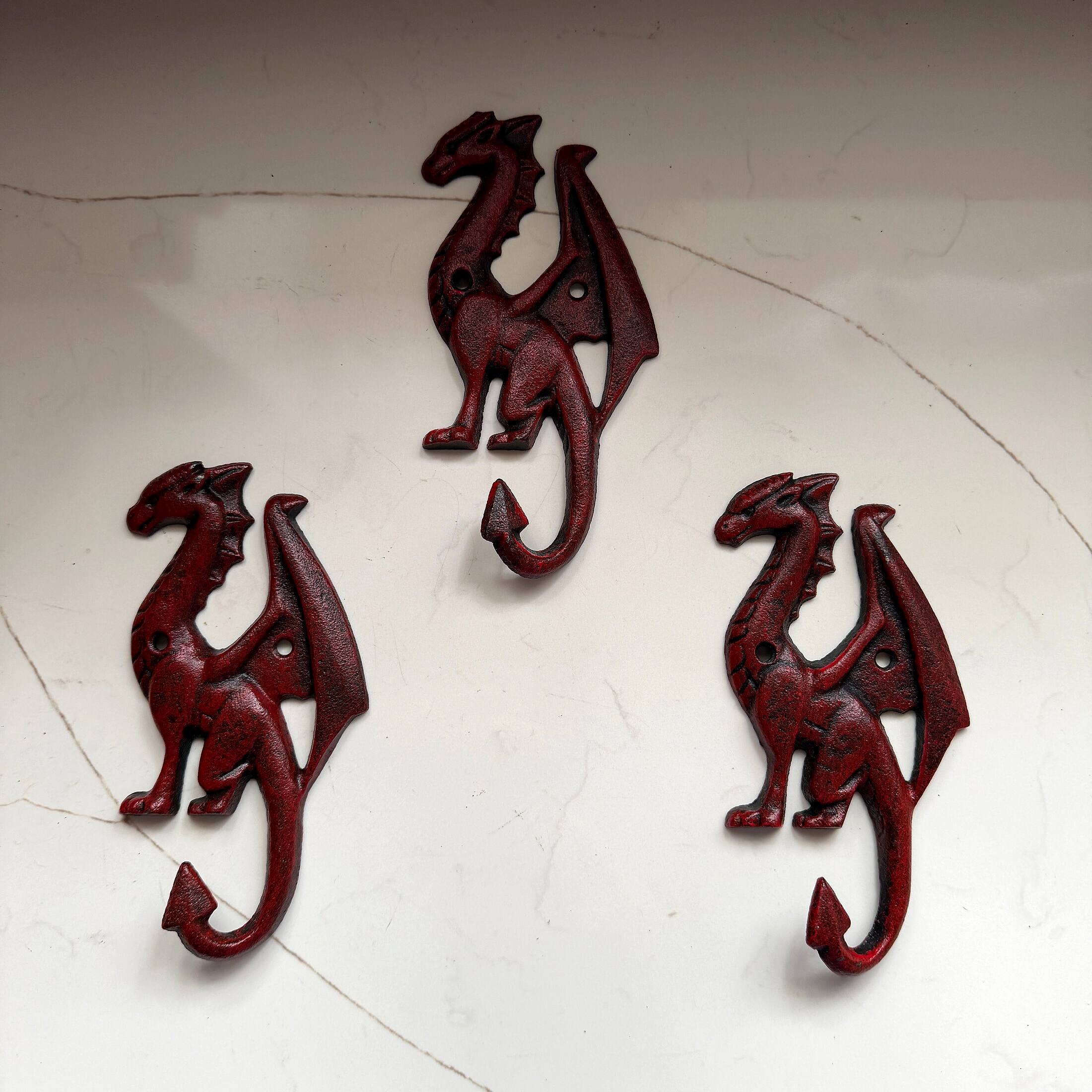 Alt View 3. Things2Die4 - Set of 3 Dragon Wall Hooks Red Distressed Cast Iron 6.5 in Decorative - Red.
