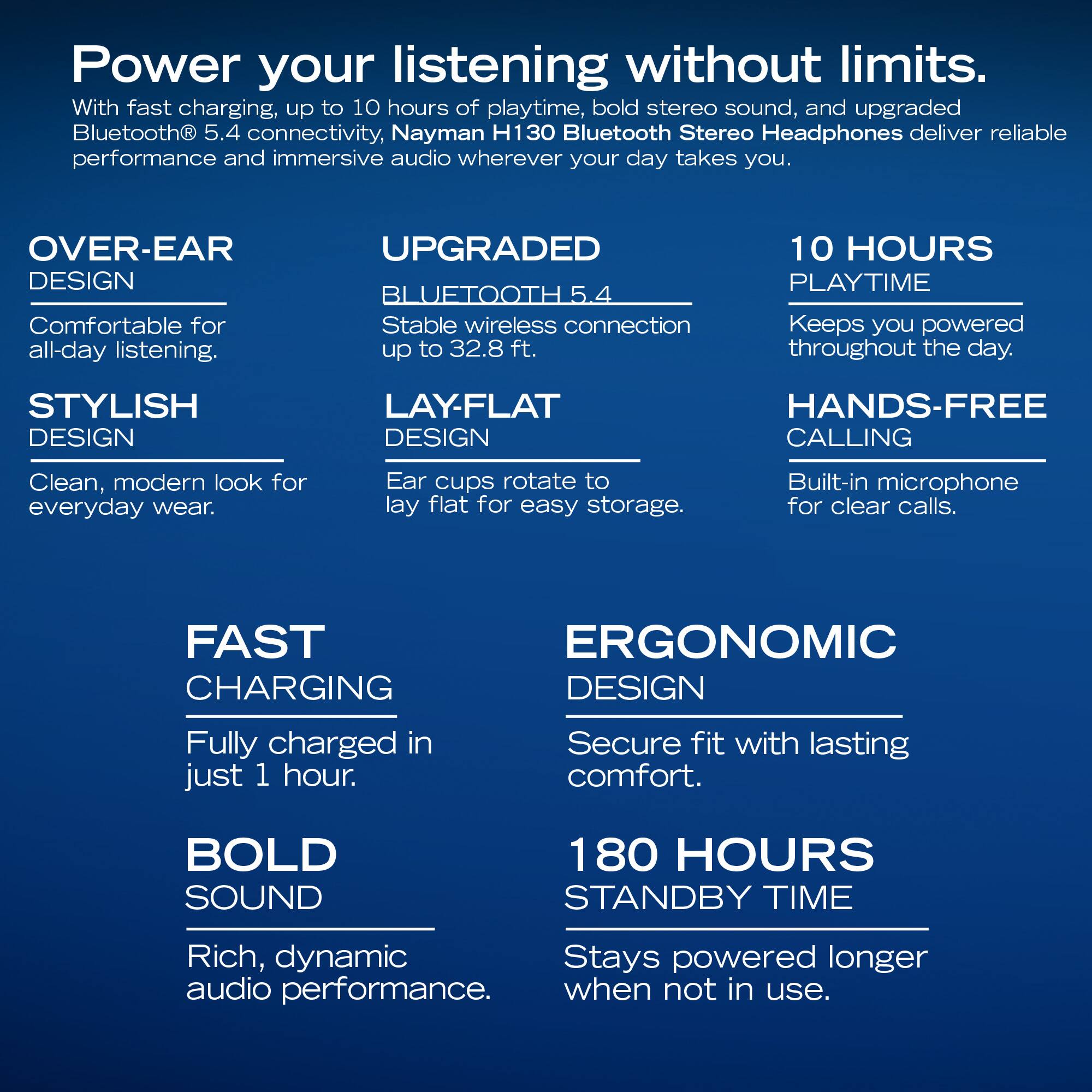 Power your listening without limits. With fast charging, up to 10 hours of playtime, bold stereo sound, and upgraded Bluetooth 5.4 connectivity, Nayman H130 Bluetooth Stereo Headphones deliver reliable performance and immersive audio wherever your day takes you.

- **OVER-EAR DESIGN**
  - Comfortable for all-day listening.

- **UPGRADED BLUETOOTH 5.4**
  - Stable wireless connection up to 32.8 ft.

- **10 HOURS PLAYTIME**
  - Keeps you powered throughout the day.

- **STYLISH DESIGN**
  - Clean, modern look for everyday wear.

- **LAY-FLAT DESIGN**
  - Ear cups rotate to lay flat for easy storage.

- **HANDS-FREE CALLING**
  - Built-in microphone for clear calls.

- **FAST CHARGING**
  - Fully charged in just 1 hour.

- **ERGONOMIC DESIGN**
  - Secure fit with lasting comfort.

- **BOLD SOUND**
  - Rich, dynamic audio performance.

- **180 HOURS STANDBY TIME**
  - Stays powered longer when not in use.