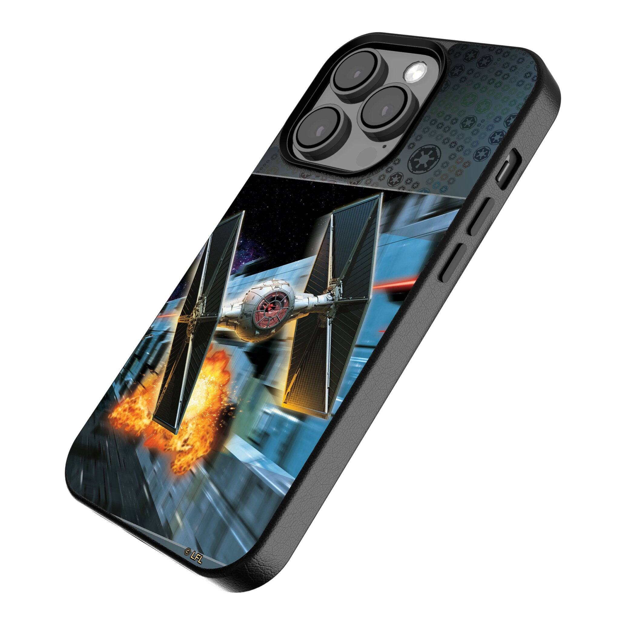 Angle. Keyscaper - Star Wars: A New Hope Portrait MagSafe Compatible Phone Case - Apple iPhone 15 - TIE Fighter.